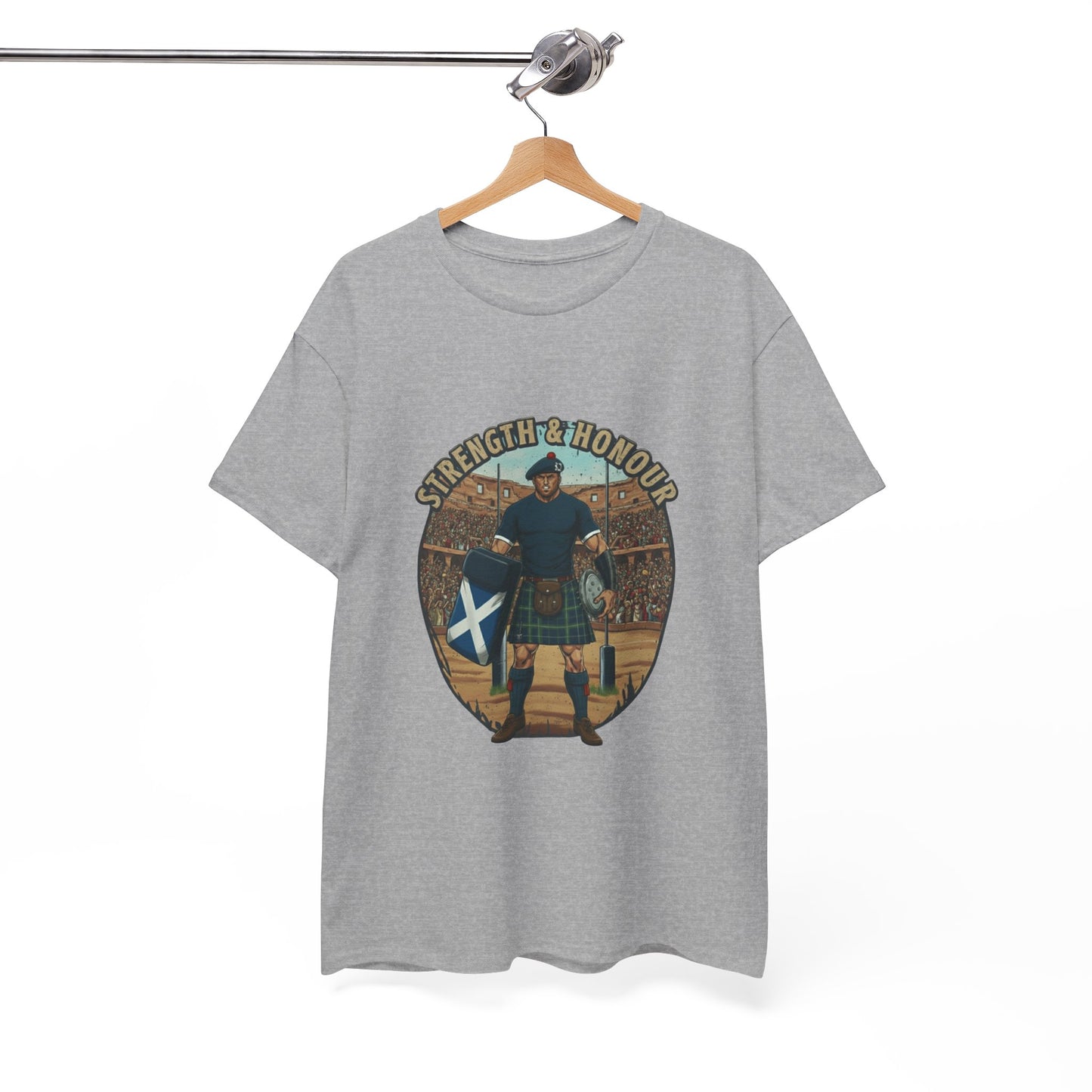 grey t-shirt with a graphic of a Scottish rugby player wearing a kilt and `Strength & Honour` text on a white background, on a hanger