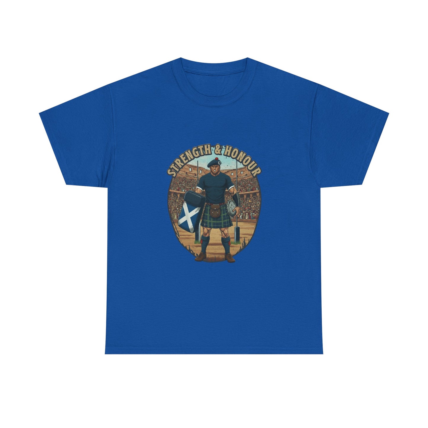 Blue t-shirt with a graphic of a Scottish rugby player and `Strength & Honour` text on a white background