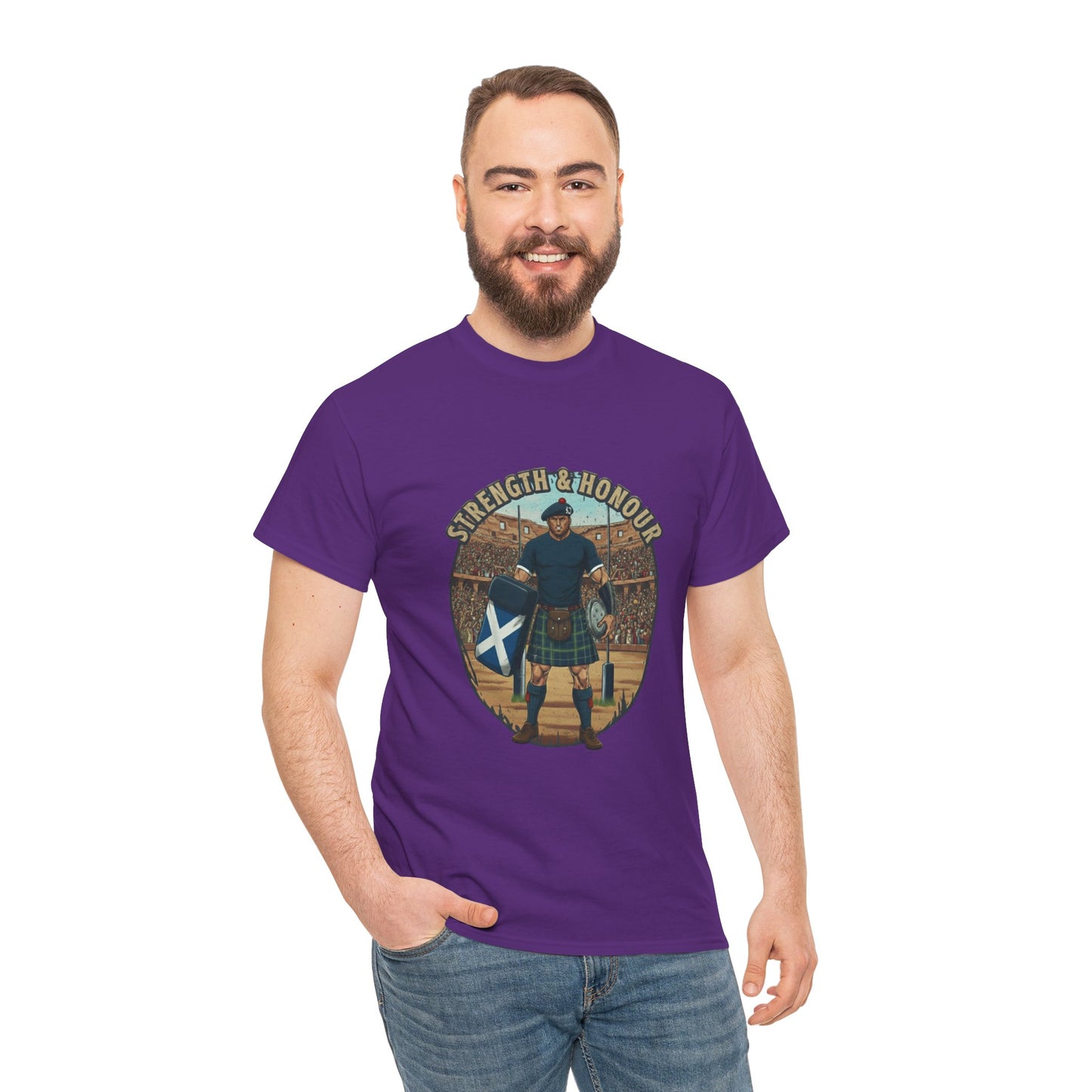 Man wearing a Purple t-shirt with a graphic of a Scottish rugby player wearing a kilt and `Strength & Honour` text on a white background