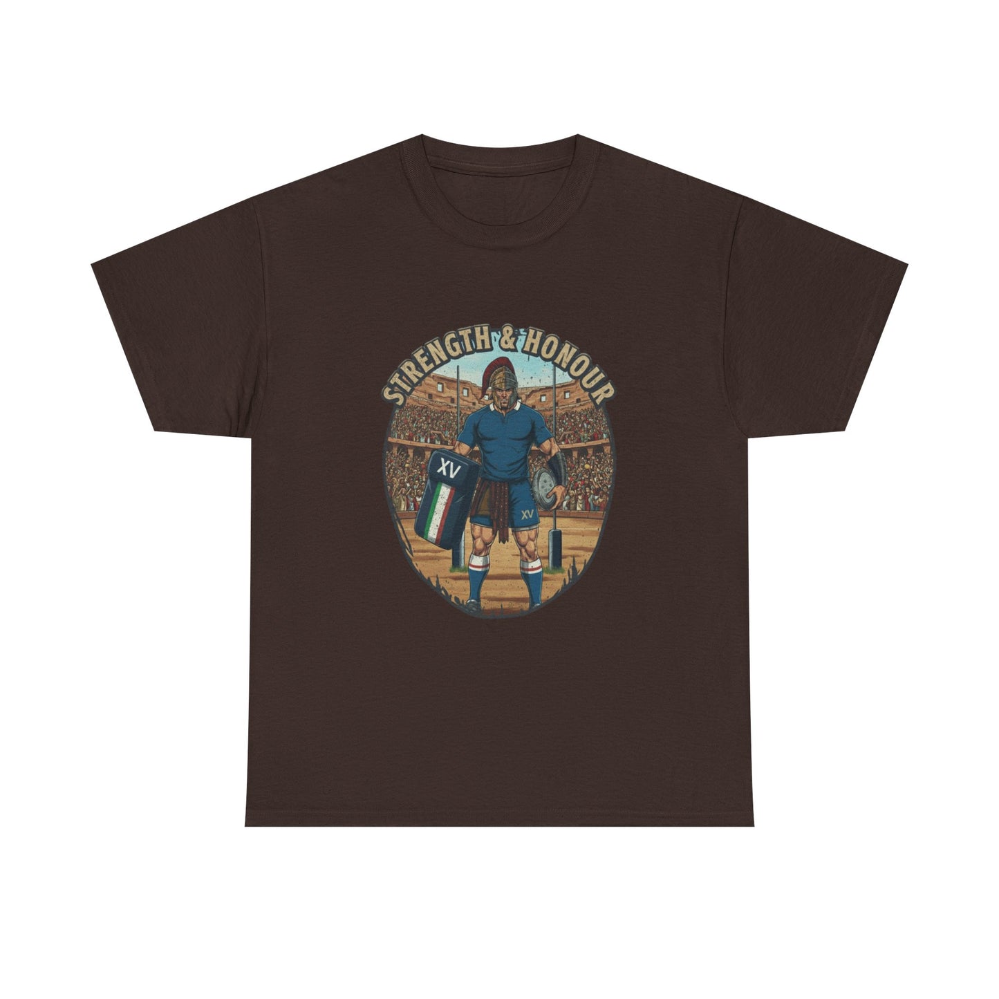 Brown t-shirt with a graphic of an Italian rugby player with `Strength & Honour` text on a white background