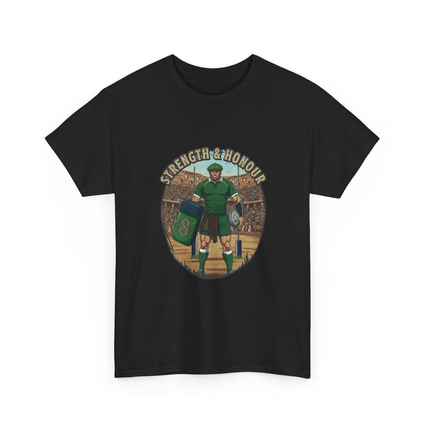 Black t-shirt with a graphic of a Irish rugby player with `Strength & Honour` text on a white background