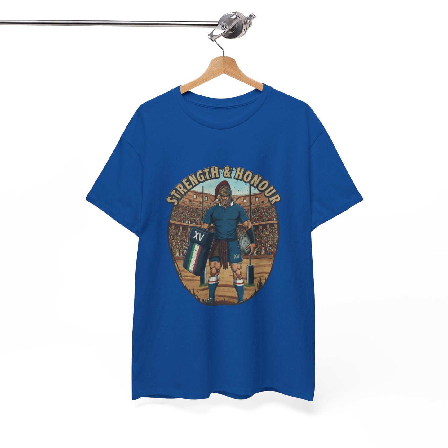 Blue t-shirt with a graphic of an Italian rugby player with `Strength & Honour` text on a white background, on a hanger.