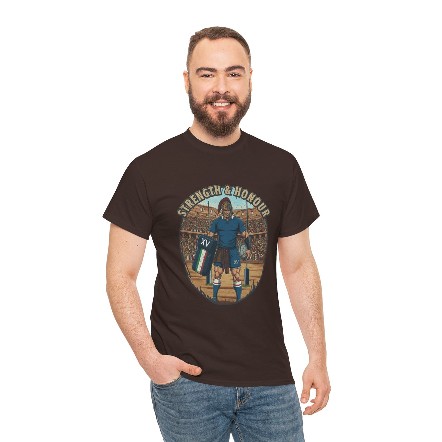 Man wearing Brown t-shirt with a graphic of an Italian rugby player with `Strength & Honour` text on a white background