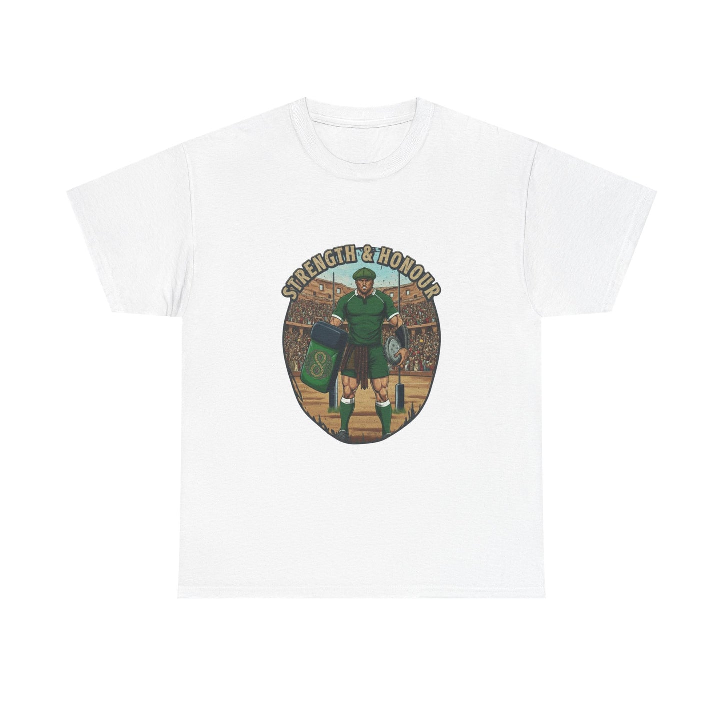 White t-shirt with a graphic of a Irish rugby player with `Strength & Honour` text on a white background