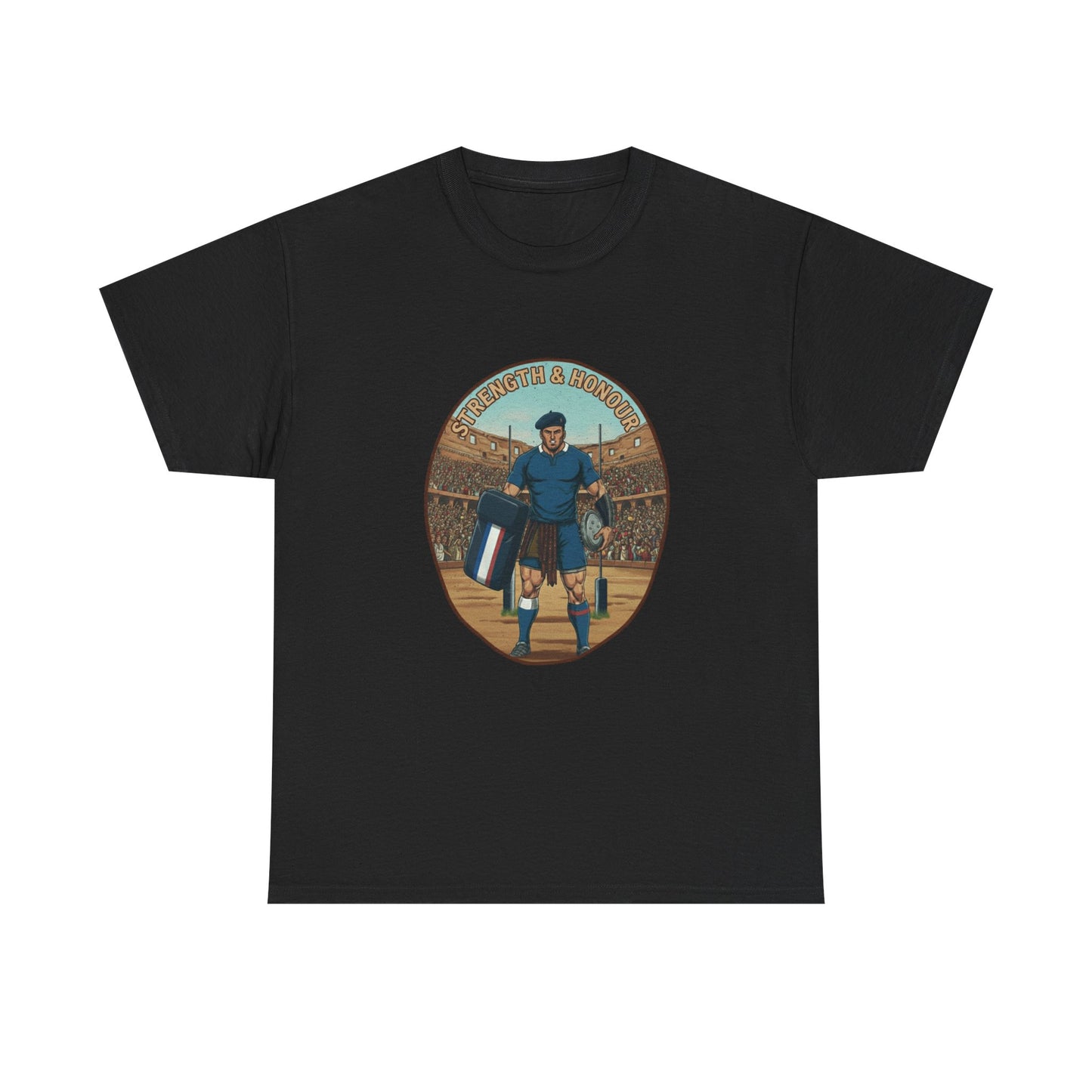 Black t-shirt with a graphic of a French Rugby player with `Strength & Honour` text on a white background