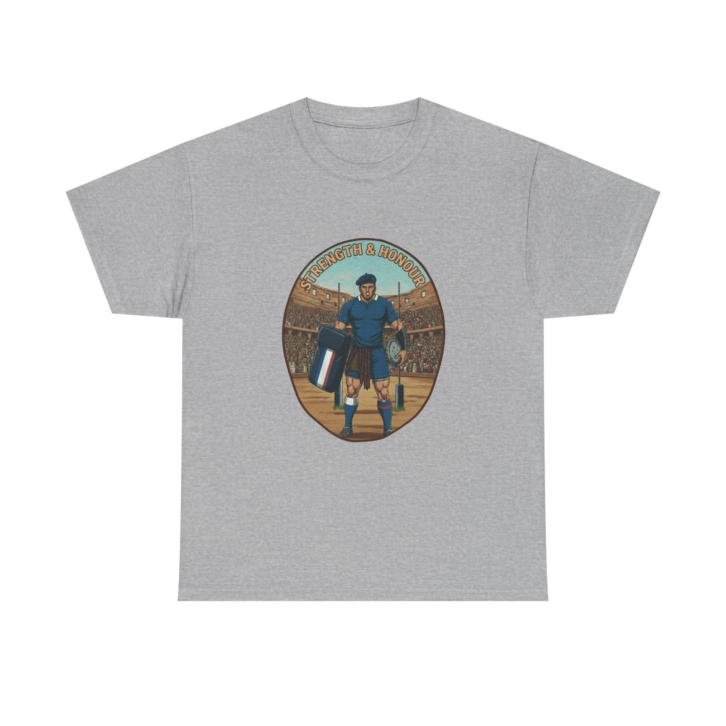 Light grey t-shirt with a graphic of a French Rugby player with `Strength & Honour` text on a white background