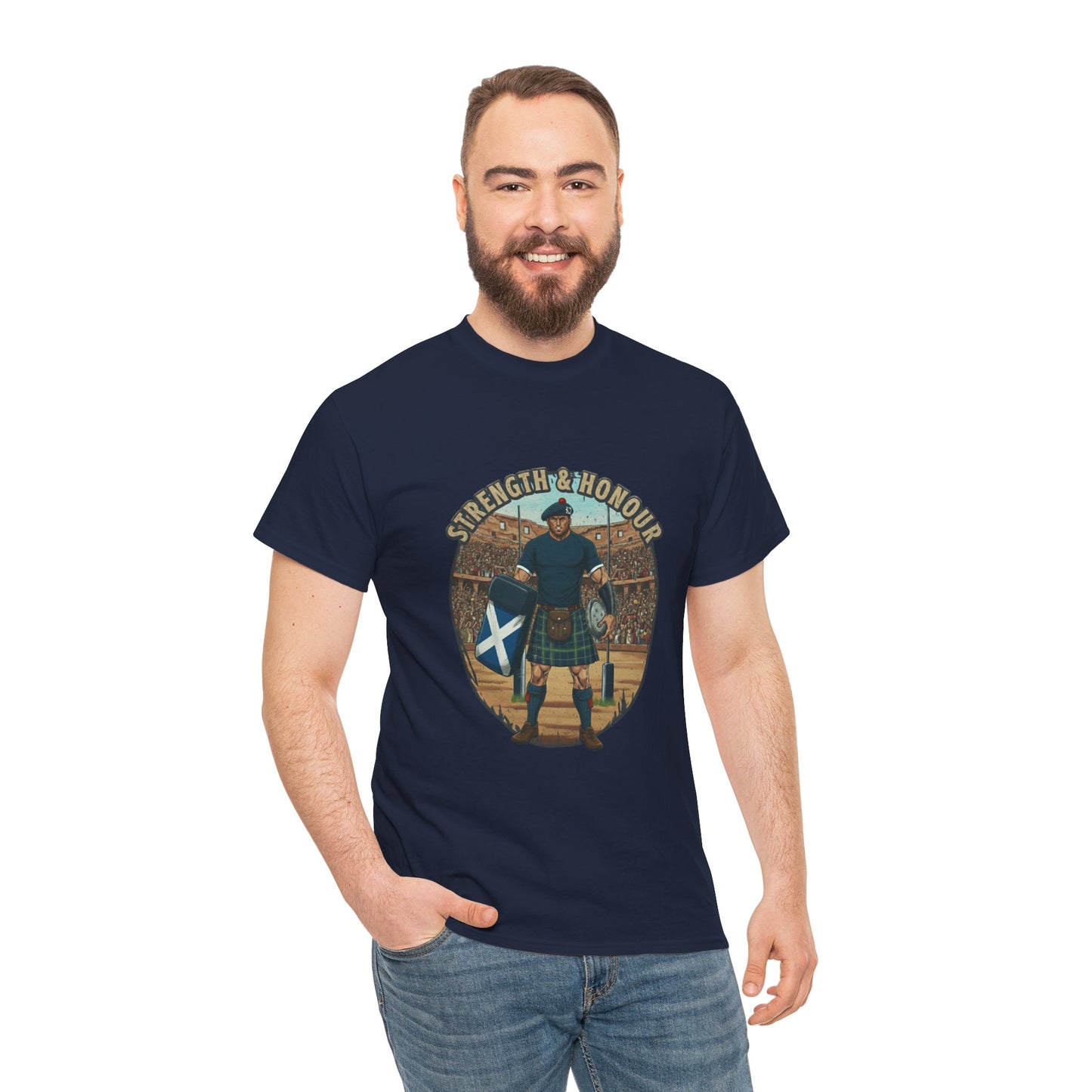 Man wearing a Navy t-shirt with a graphic of a Scottish rugby player wearing a kilt and `Strength & Honour` text on a white background