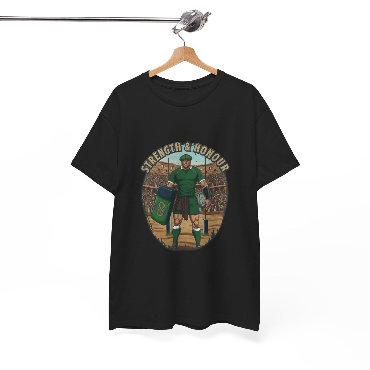 Black t-shirt with a graphic of a Irish rugby player with `Strength & Honour` text on a white background, on a hanger.