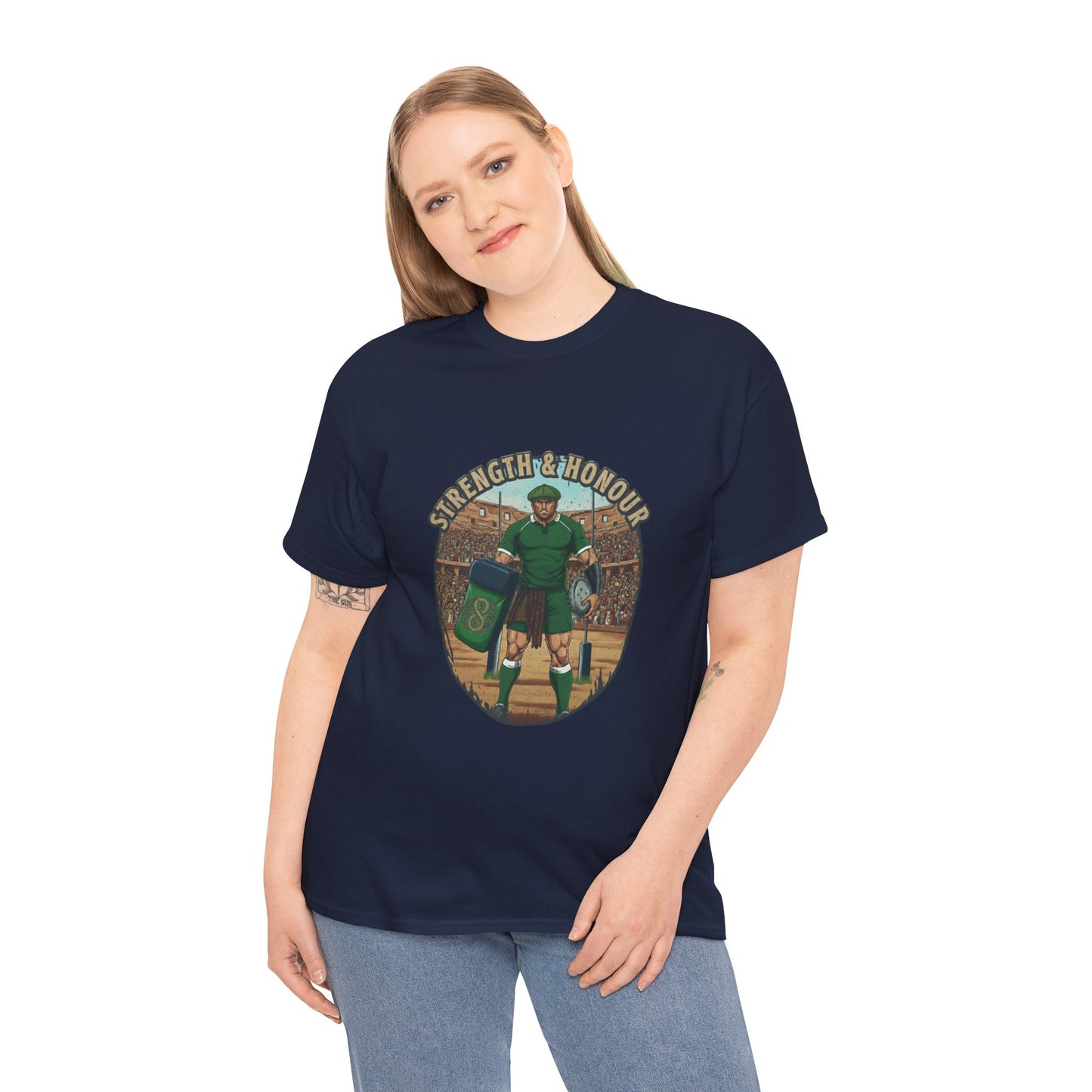 Woman wearing Navy t-shirt with a graphic of a Irish rugby player with `Strength & Honour` text on a white background