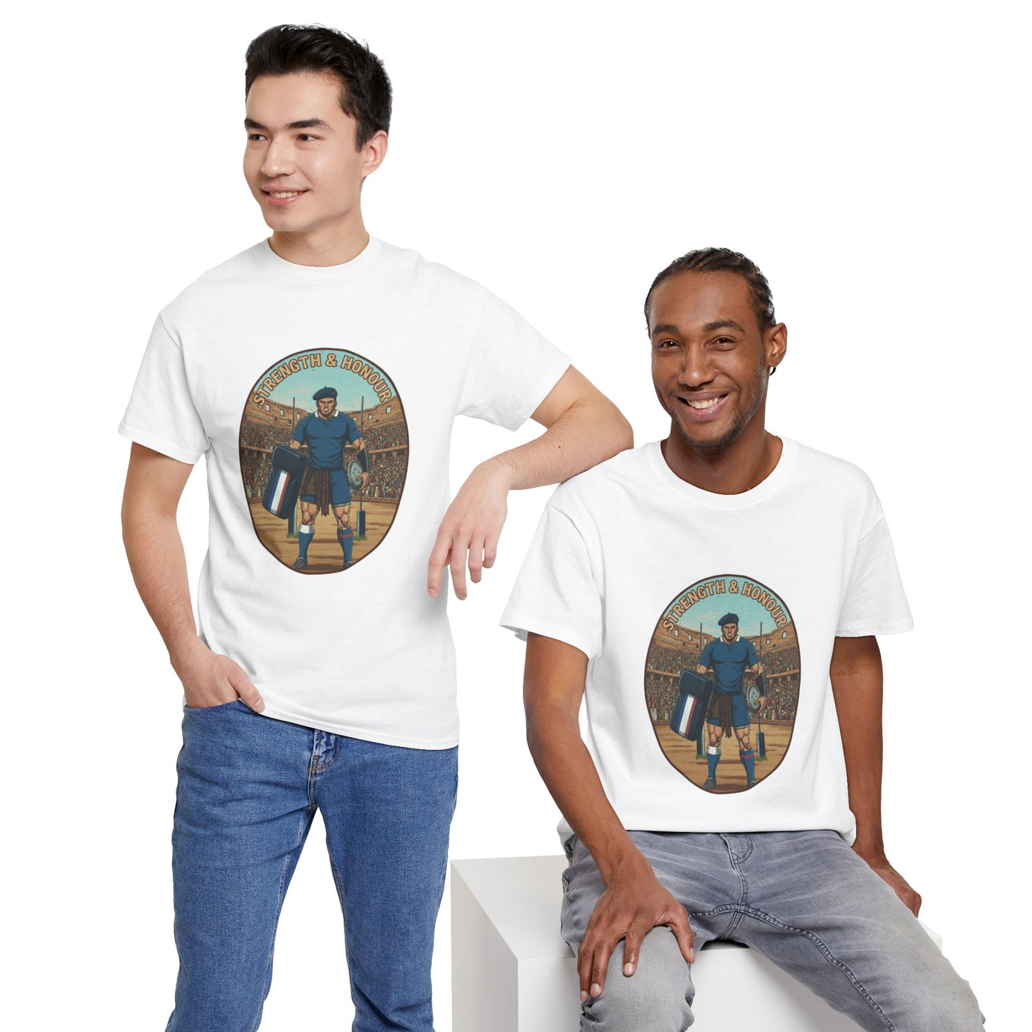 Two men wearing a White t-shirt with a graphic of a French rugby player, with 'Strength & Honour' text, on a white background.