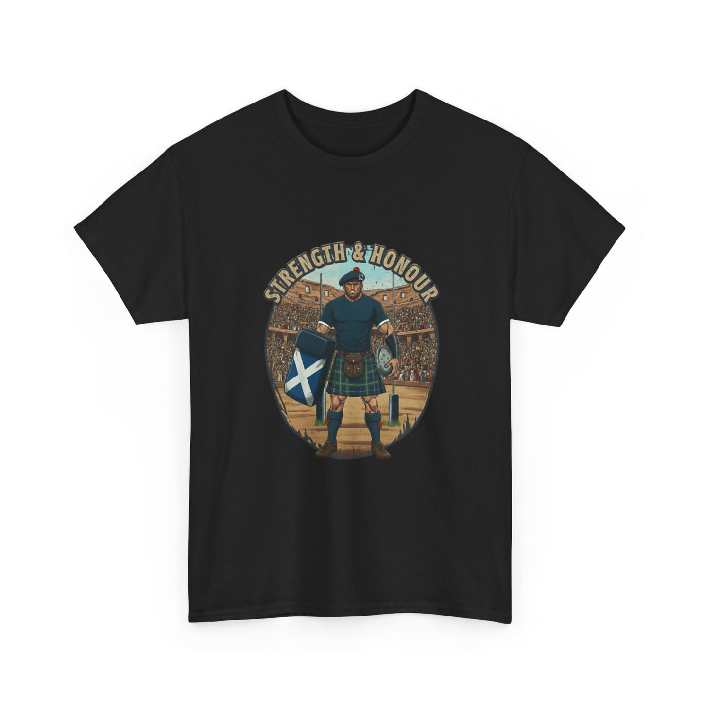 Black t-shirt with a graphic of a Scottish rugby player wearing a kilt and `Strength & Honour` text on a white background
