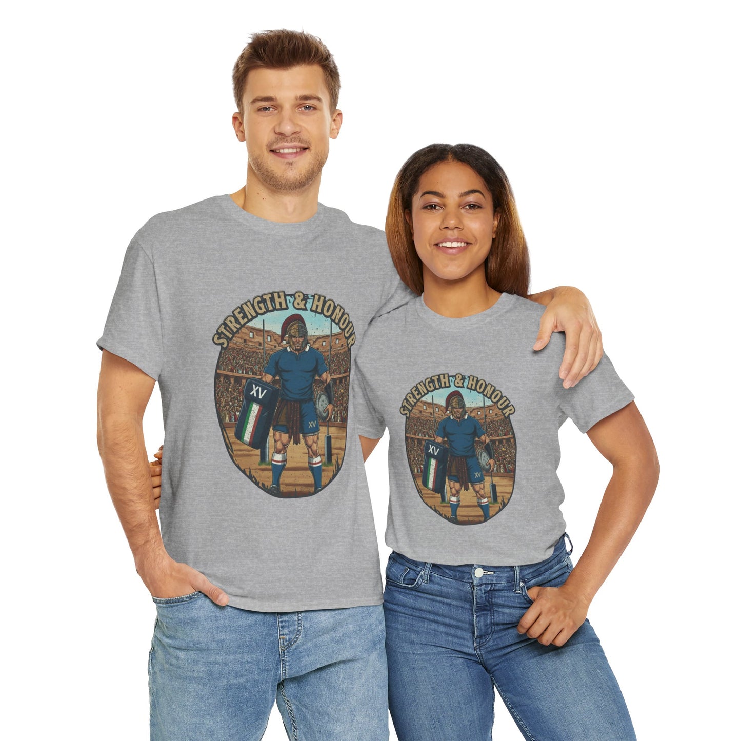Couple wearing Light grey t-shirt with a graphic of an Italian rugby player with `Strength & Honour` text on a white background