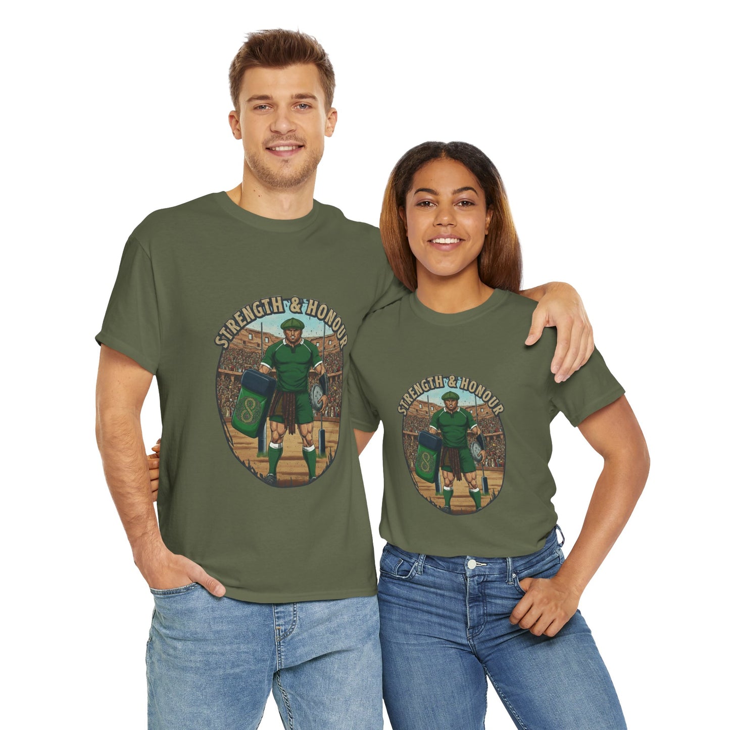 Couple wearing Army green t-shirt with a graphic of a Irish rugby player with `Strength & Honour` text on a white background