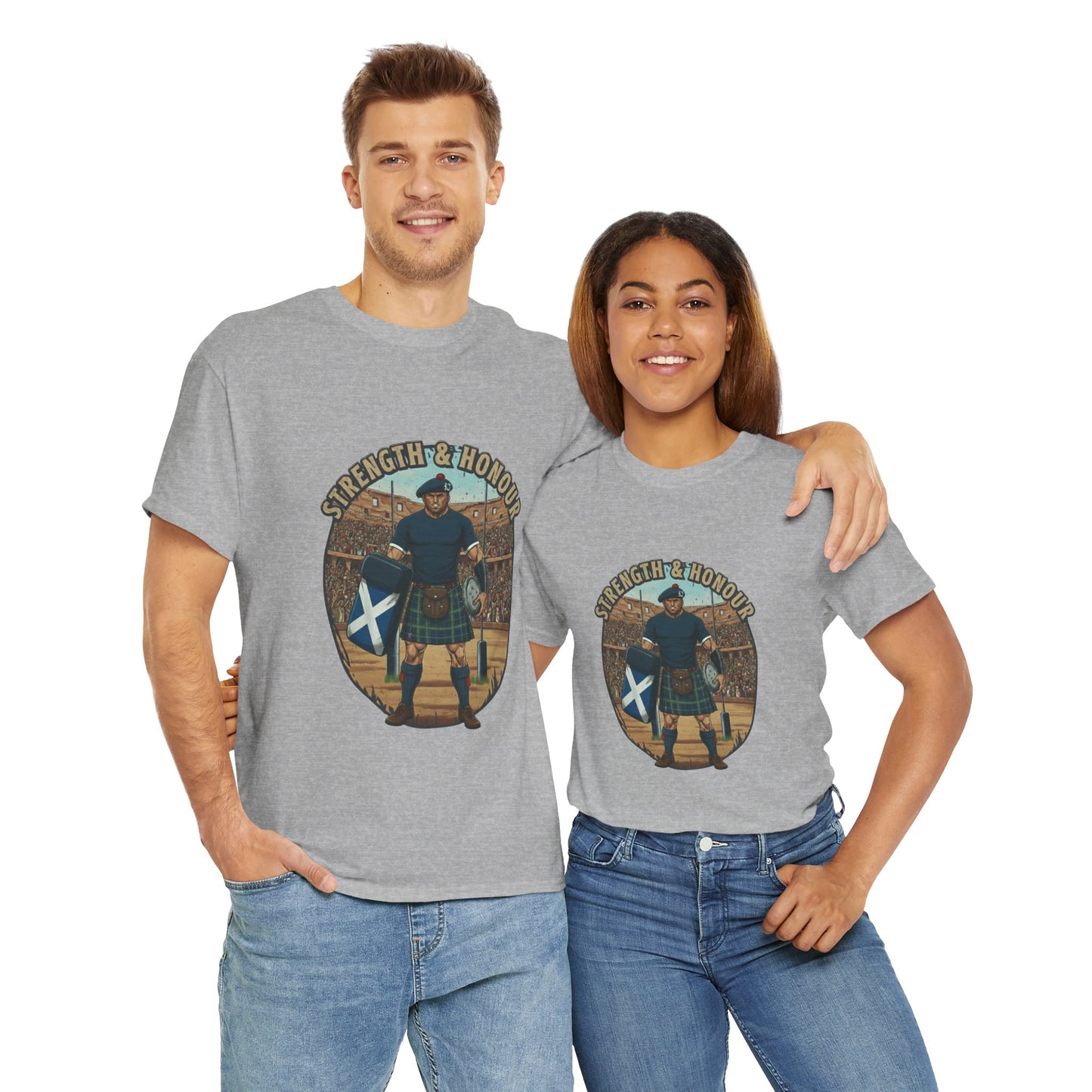 Couple wearing a grey t-shirt with a graphic of a Scottish rugby player wearing a kilt and `Strength & Honour` text on a white background