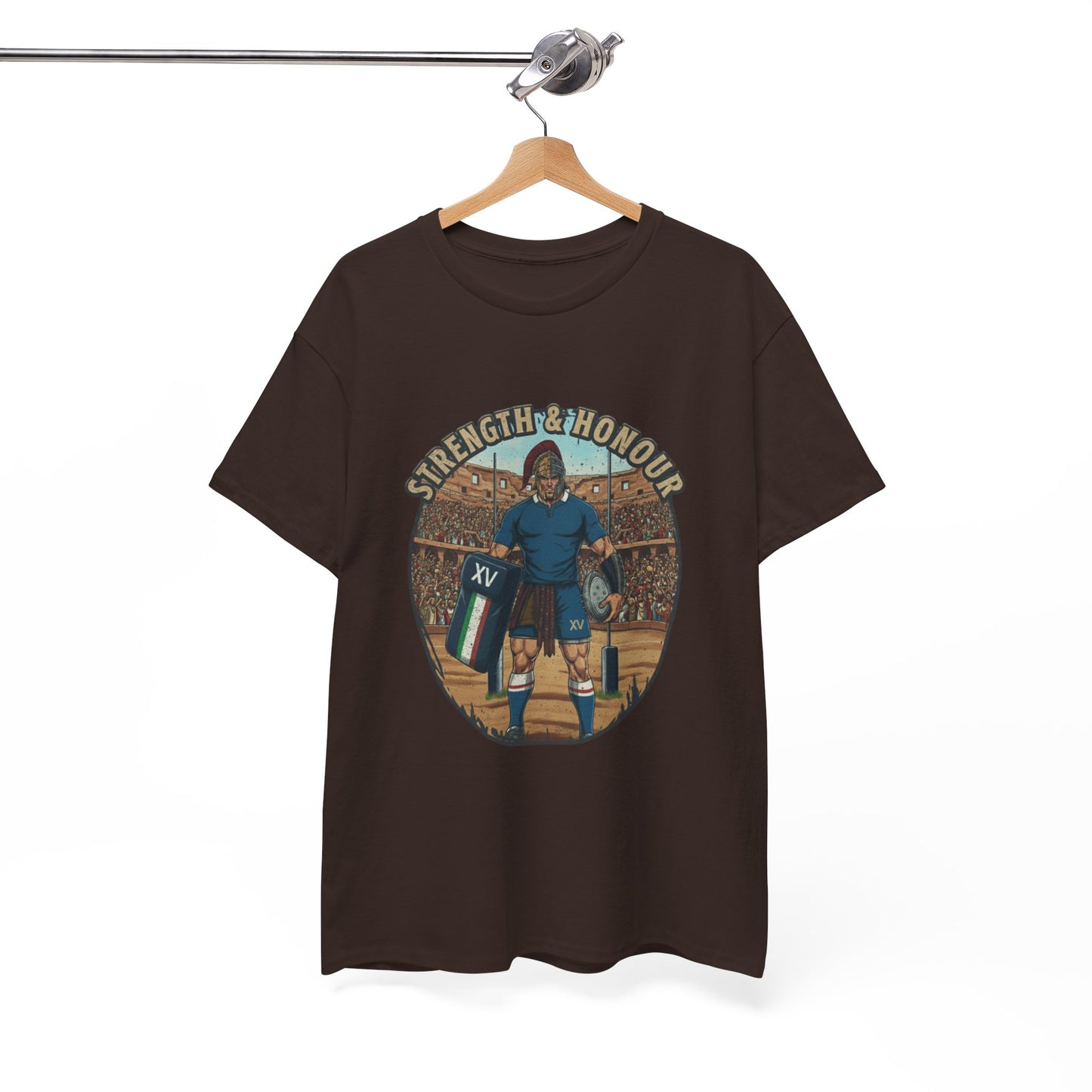 Brown t-shirt with a graphic of an Italian rugby player with `Strength & Honour` text on a white background, on a hanger.