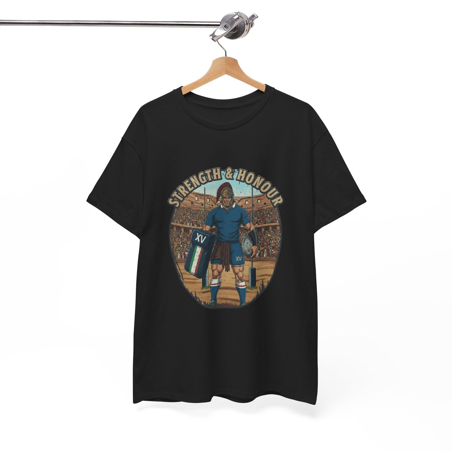 Black t-shirt with a graphic of an Italian rugby player with `Strength & Honour` text on a white background, on a hanger.