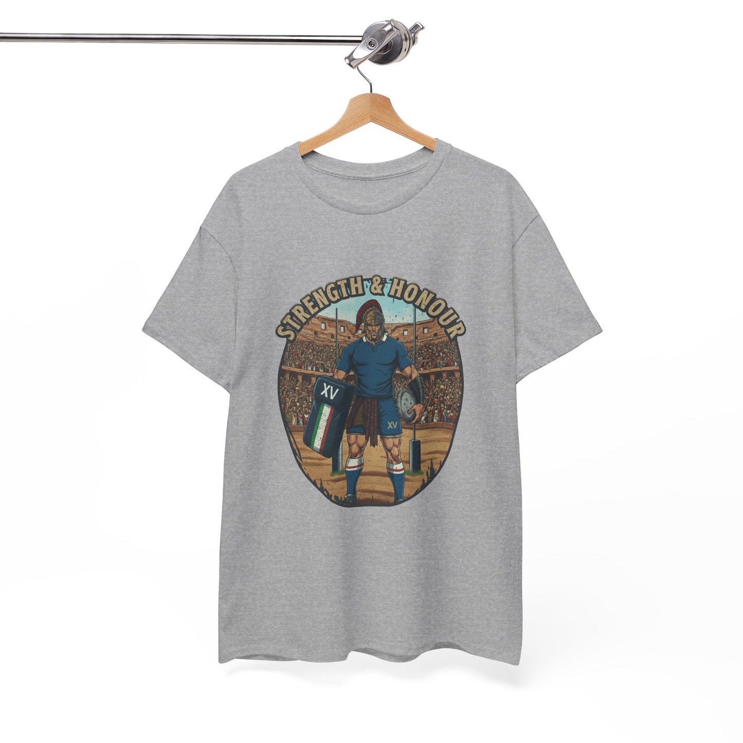 Light grey t-shirt with a graphic of an Italian rugby player with `Strength & Honour` text on a white background, on a hanger.