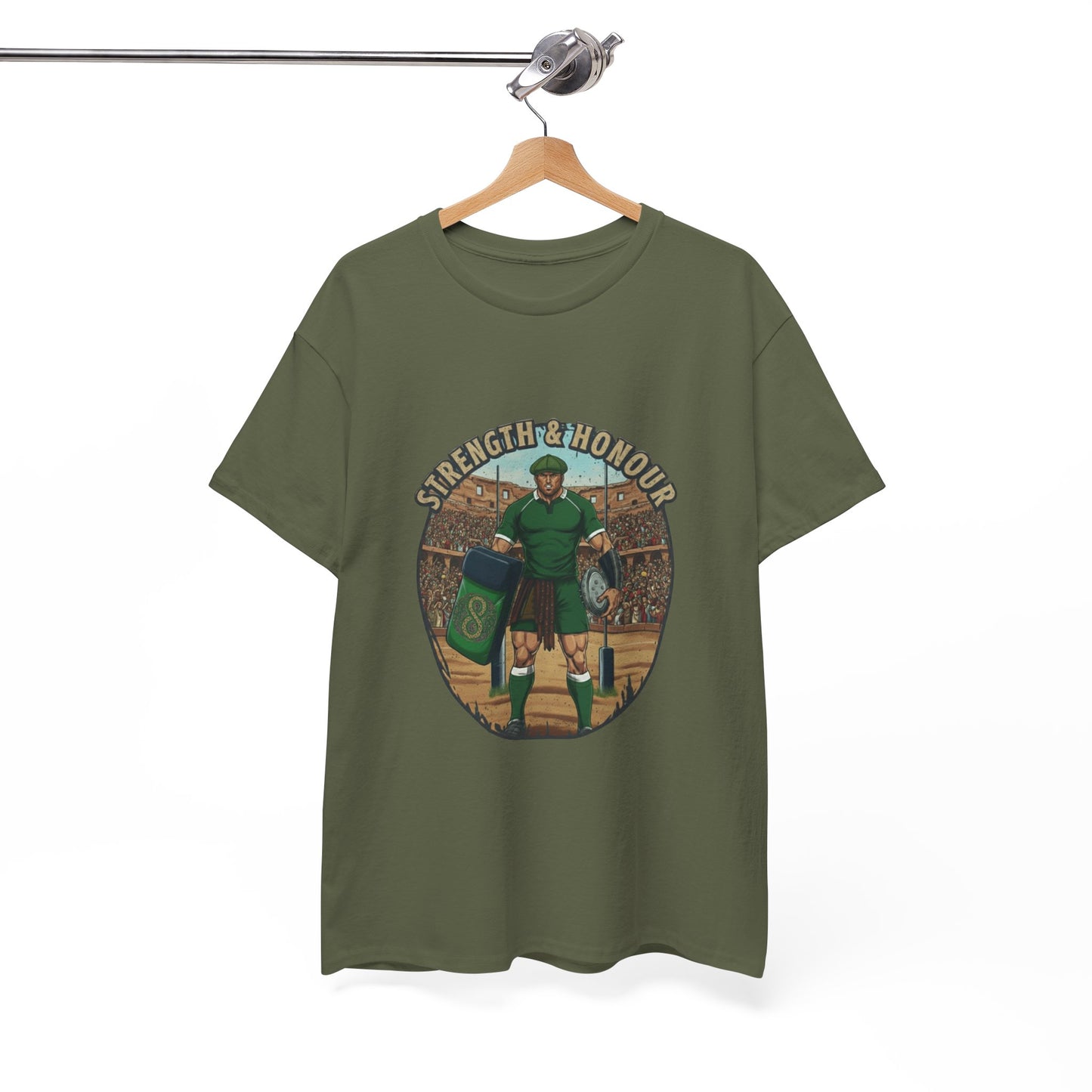 Army green t-shirt with a graphic of a Irish rugby player with `Strength & Honour` text on a white background, on a hanger.