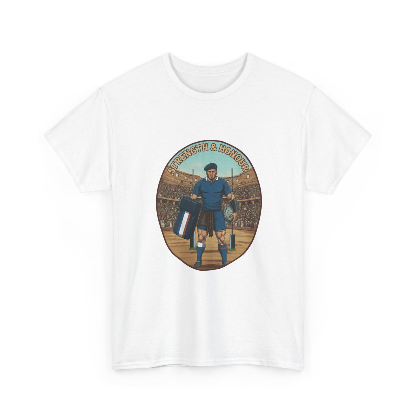 White t-shirt with a graphic of a French rugby player, with 'Strength & Honour' text, on a white background.