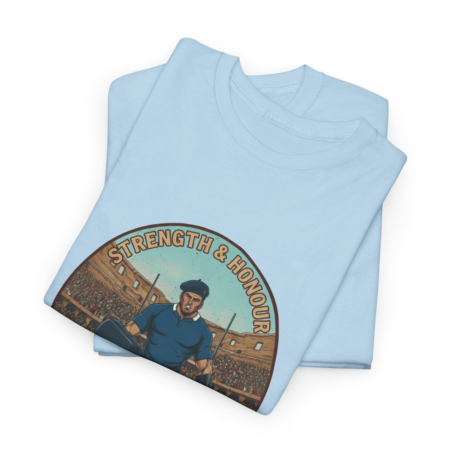 Folded Light blue t-shirt with a graphic of a French rugby player and `Strength & Honour` text on a white background