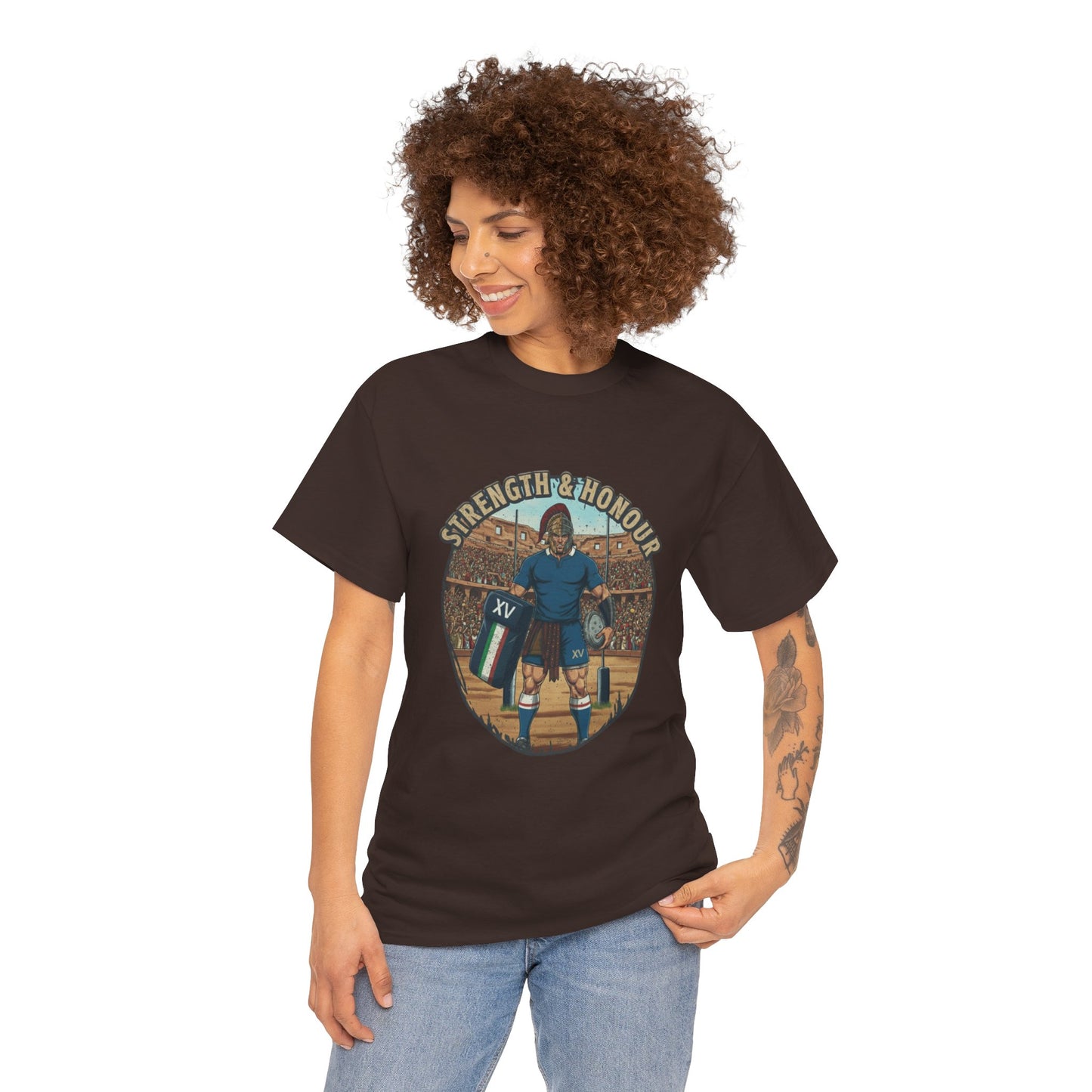 Woman wearing Brown t-shirt with a graphic of an Italian rugby player with `Strength & Honour` text on a white background