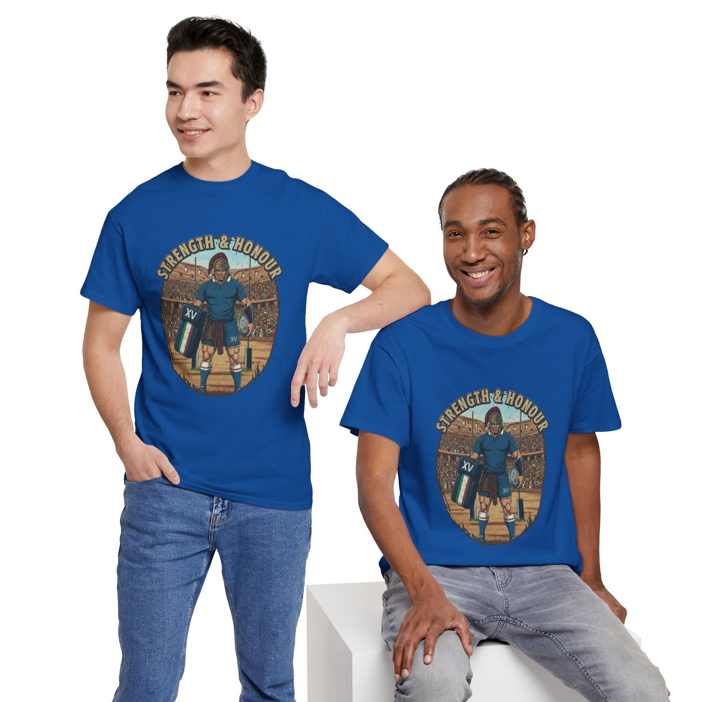 Two men wearing Blue t-shirt with a graphic of an Italian rugby player with `Strength & Honour` text on a white background