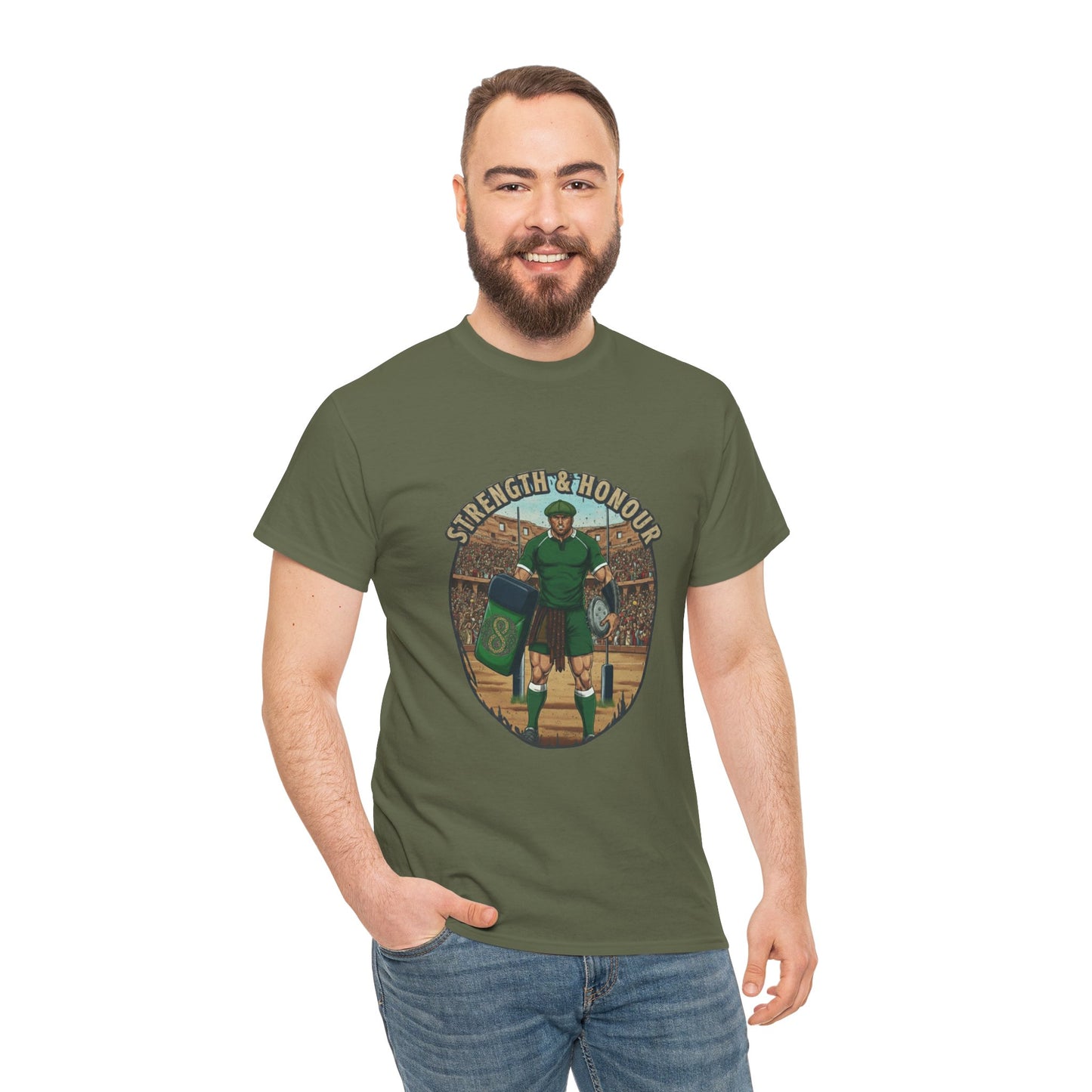 Man wearing Army green t-shirt with a graphic of a Irish rugby player with `Strength & Honour` text on a white background