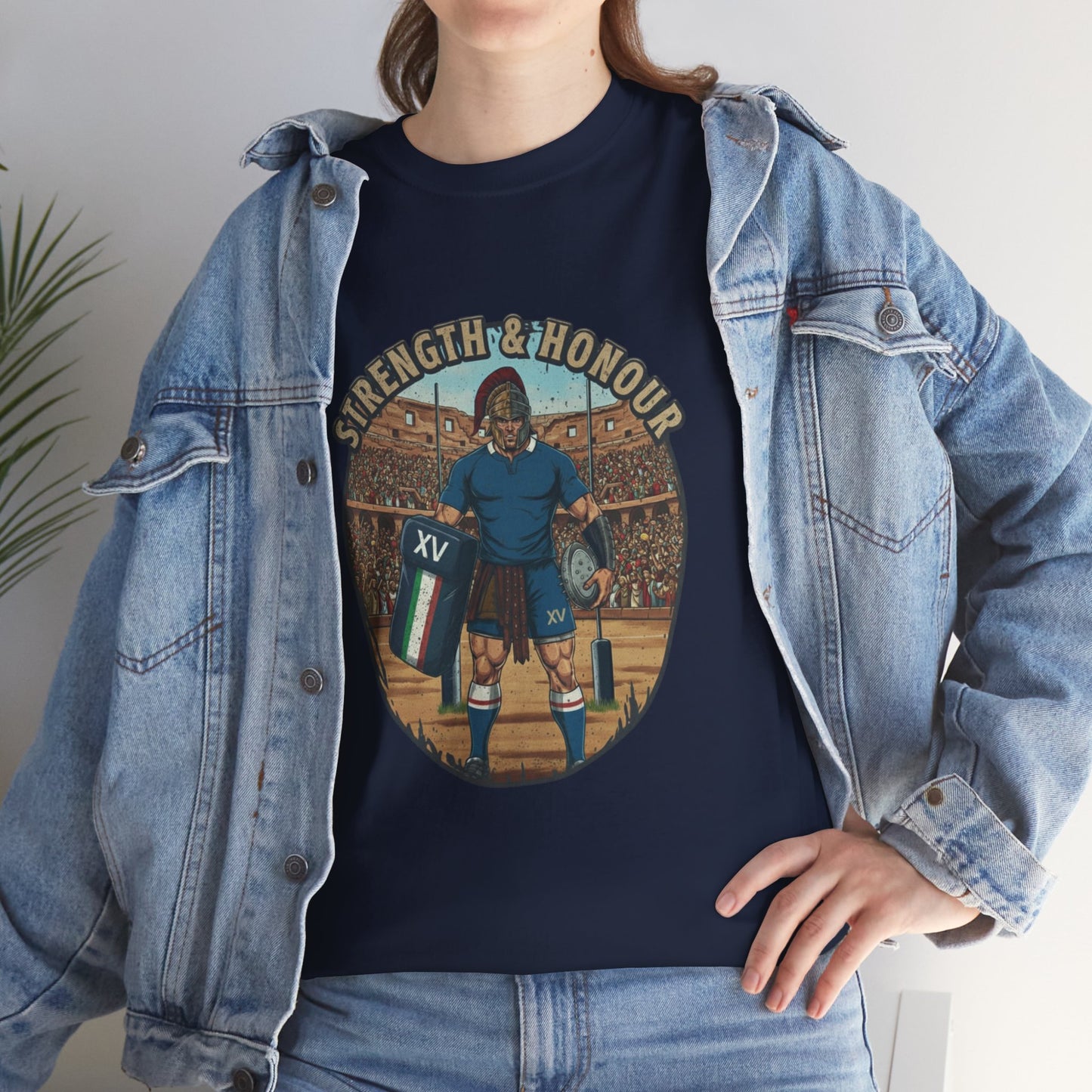 Lifestyle photo of a woman wearing Navy t-shirt with a graphic of an Italian rugby player with `Strength & Honour` text on a white background