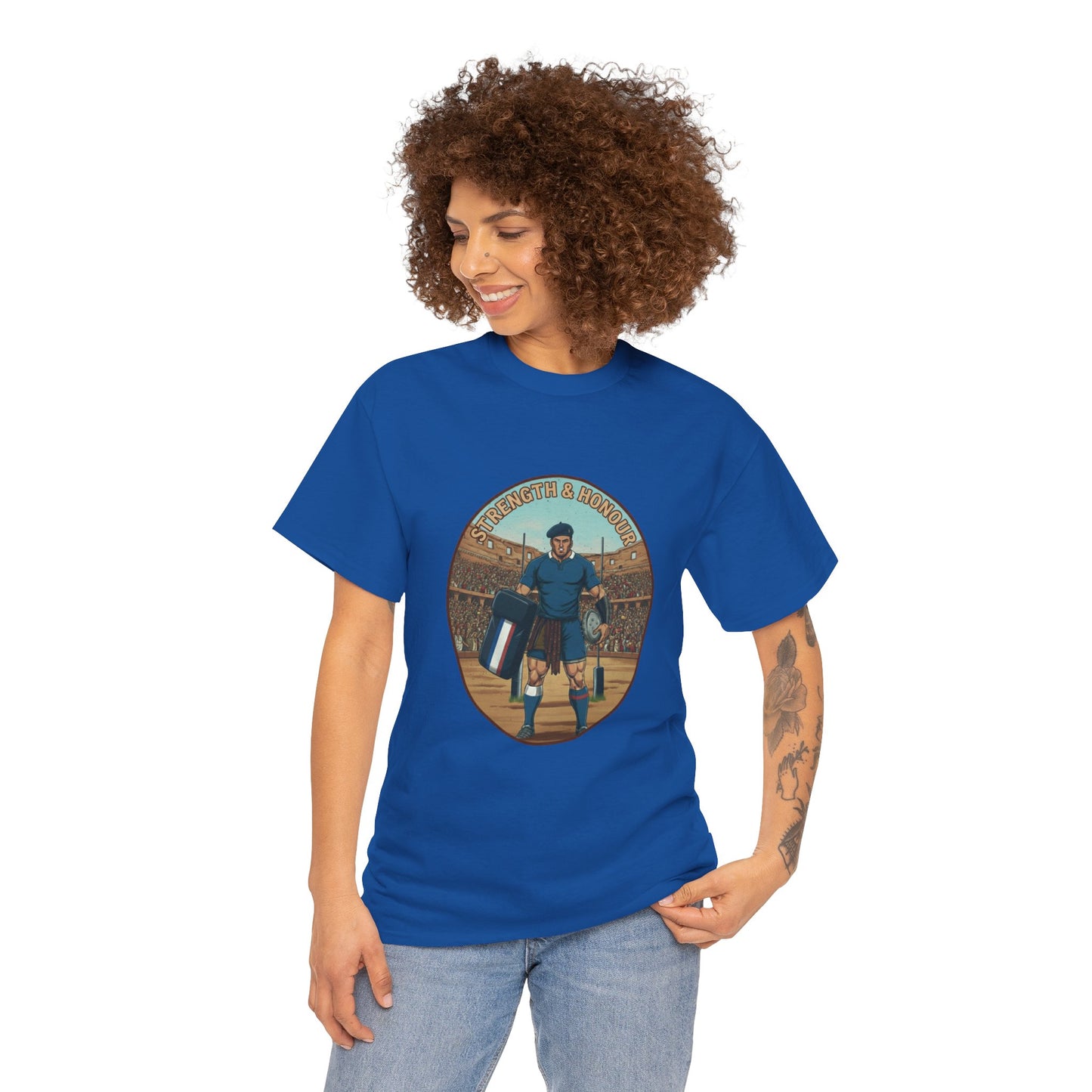 Woman wearing a blue French Rugby Fan t-shirt with `Strength & Honour` text on a white background