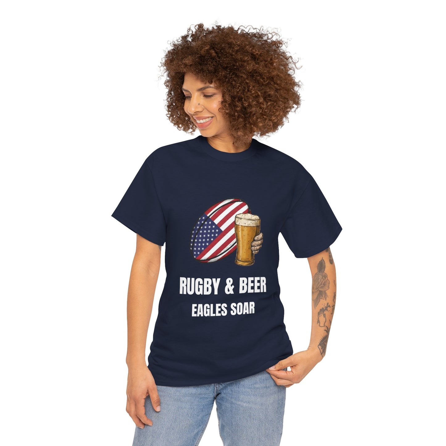 Woman wearing Navy blue Eagles Soar t-shirt with rugby and beer graphic and text on a white background