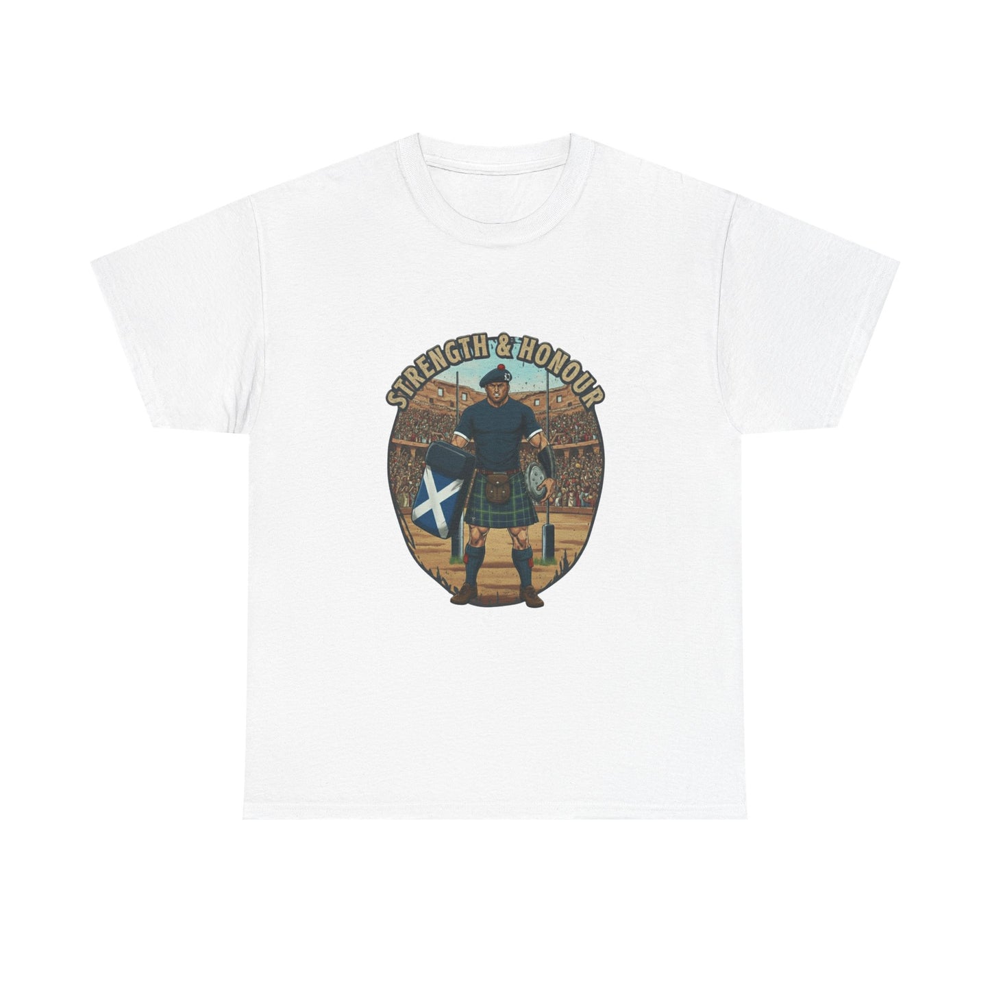 White t-shirt with a graphic of a Scottish rugby player and `Strength & Honour` text on a white background