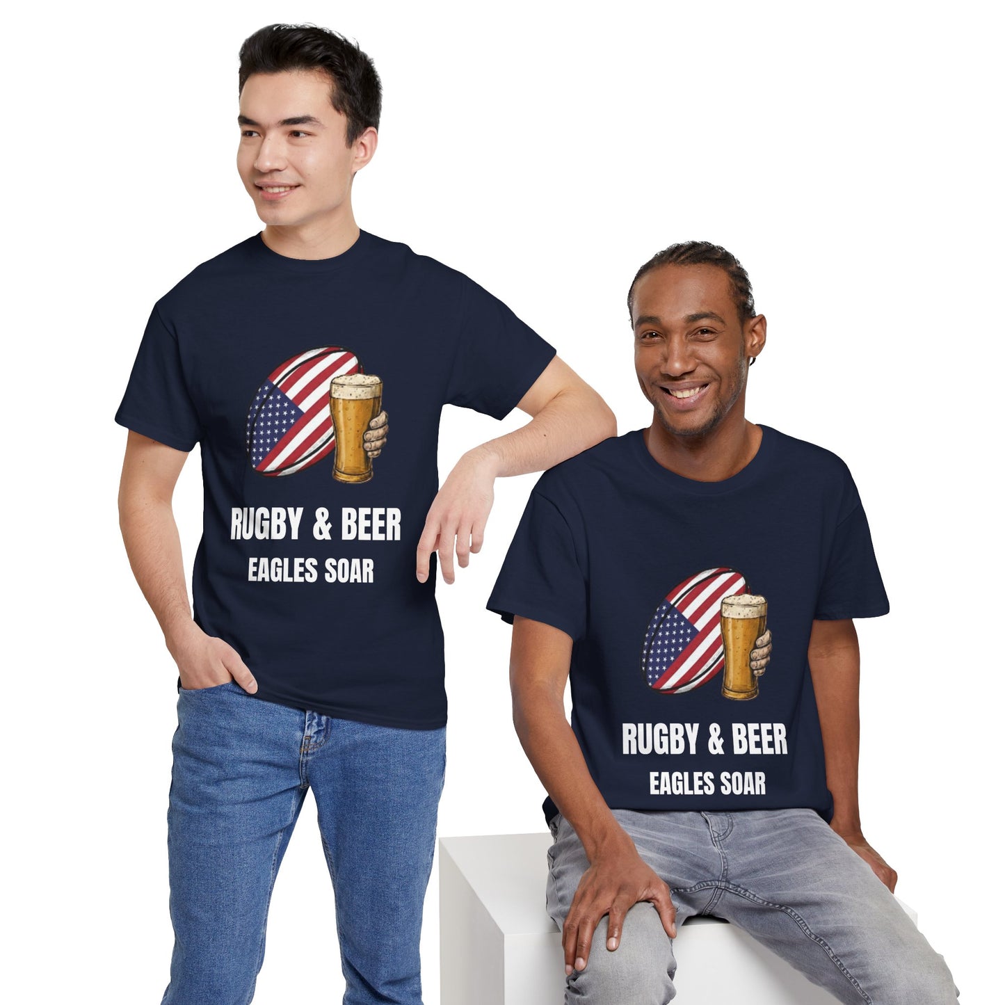 2 Men wearing Navy blue Eagles Soar t-shirt with rugby and beer graphic and text on a white background