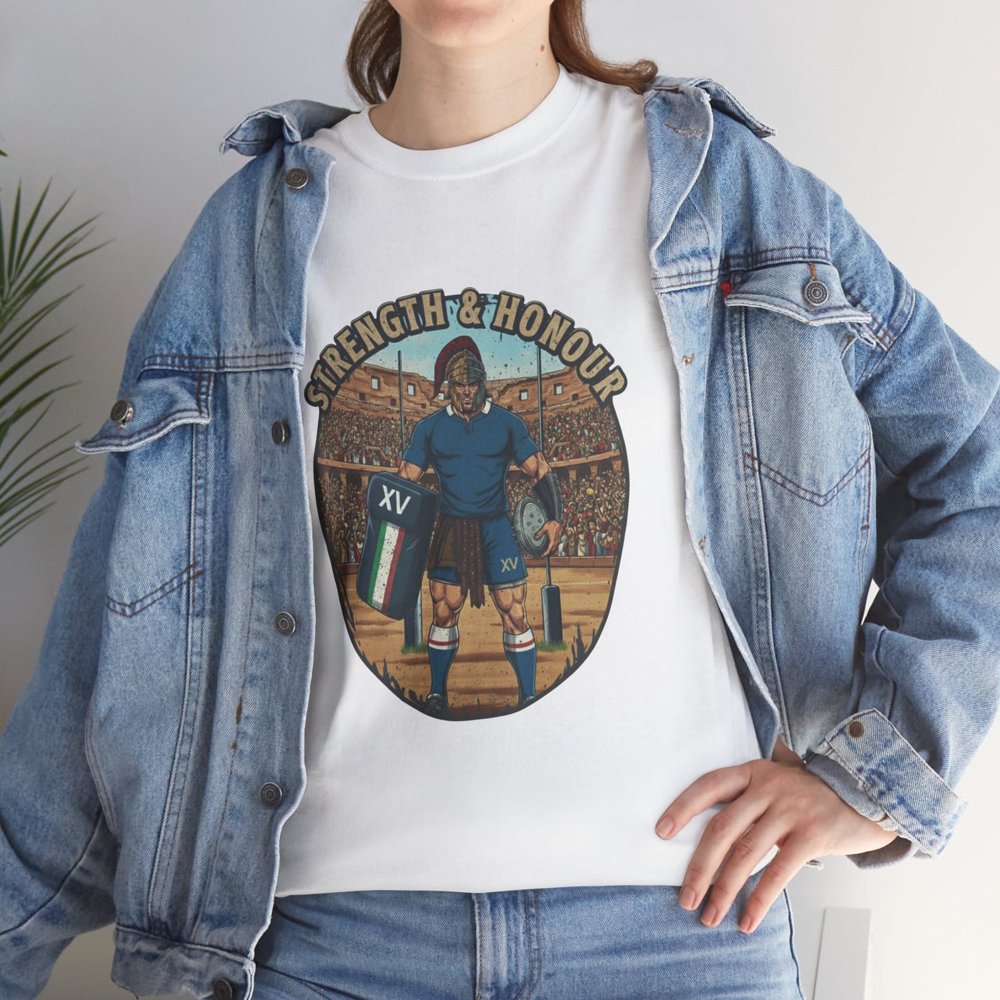 Lifestyle photo of a woman wearing White t-shirt with a graphic of an Italian rugby player with `Strength & Honour` text on a white background