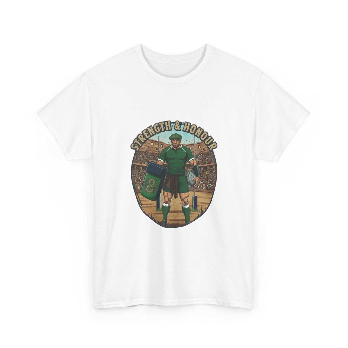 White t-shirt with a graphic of a Irish rugby player with `Strength & Honour` text on a white background