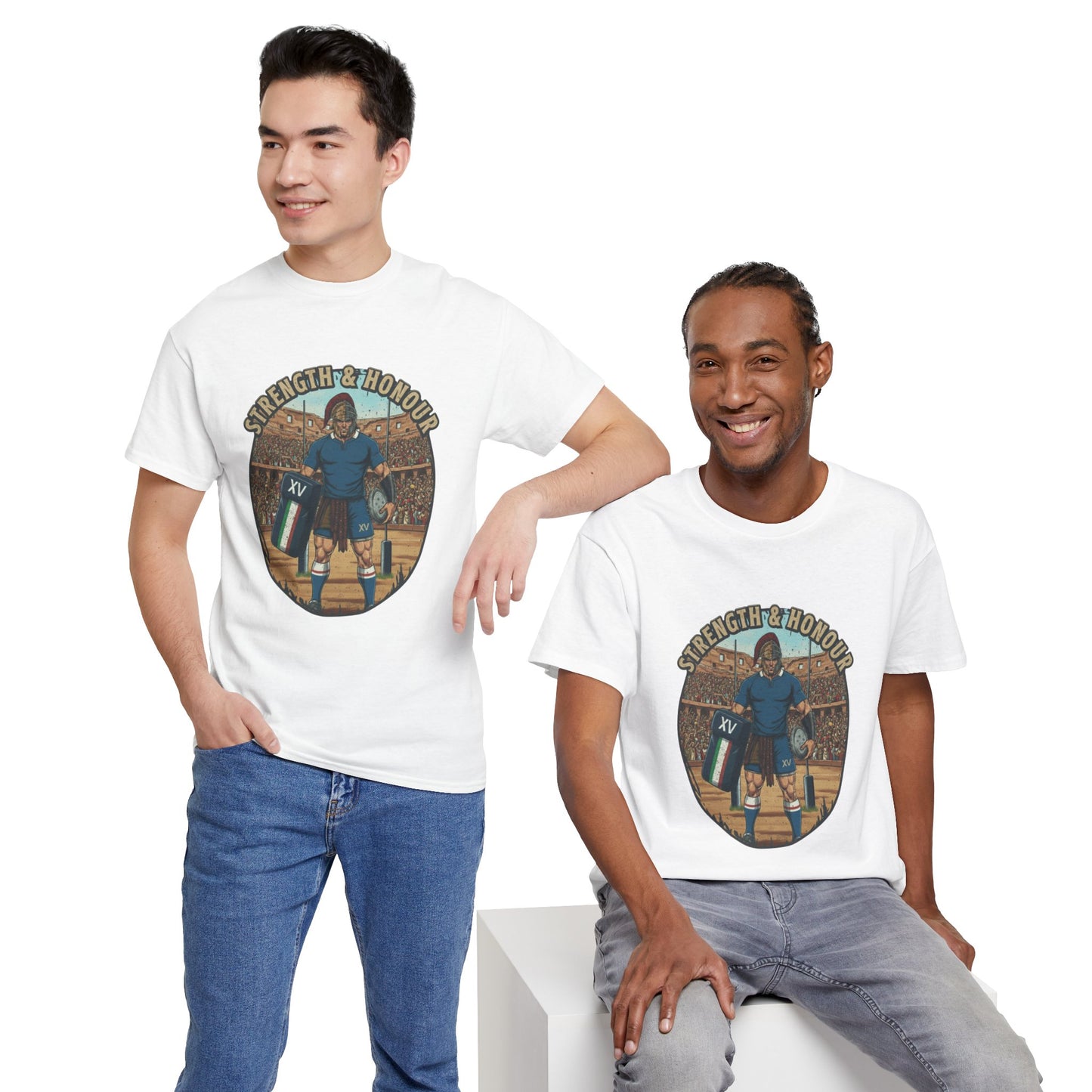 2 Men wearing White t-shirt with a graphic of an Italian rugby player with `Strength & Honour` text on a white background