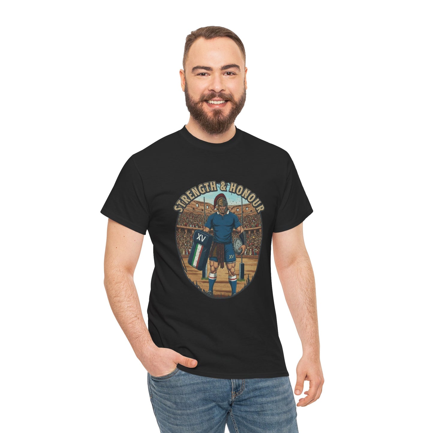Man wearing Black t-shirt with a graphic of an Italian rugby player with `Strength & Honour` text on a white background