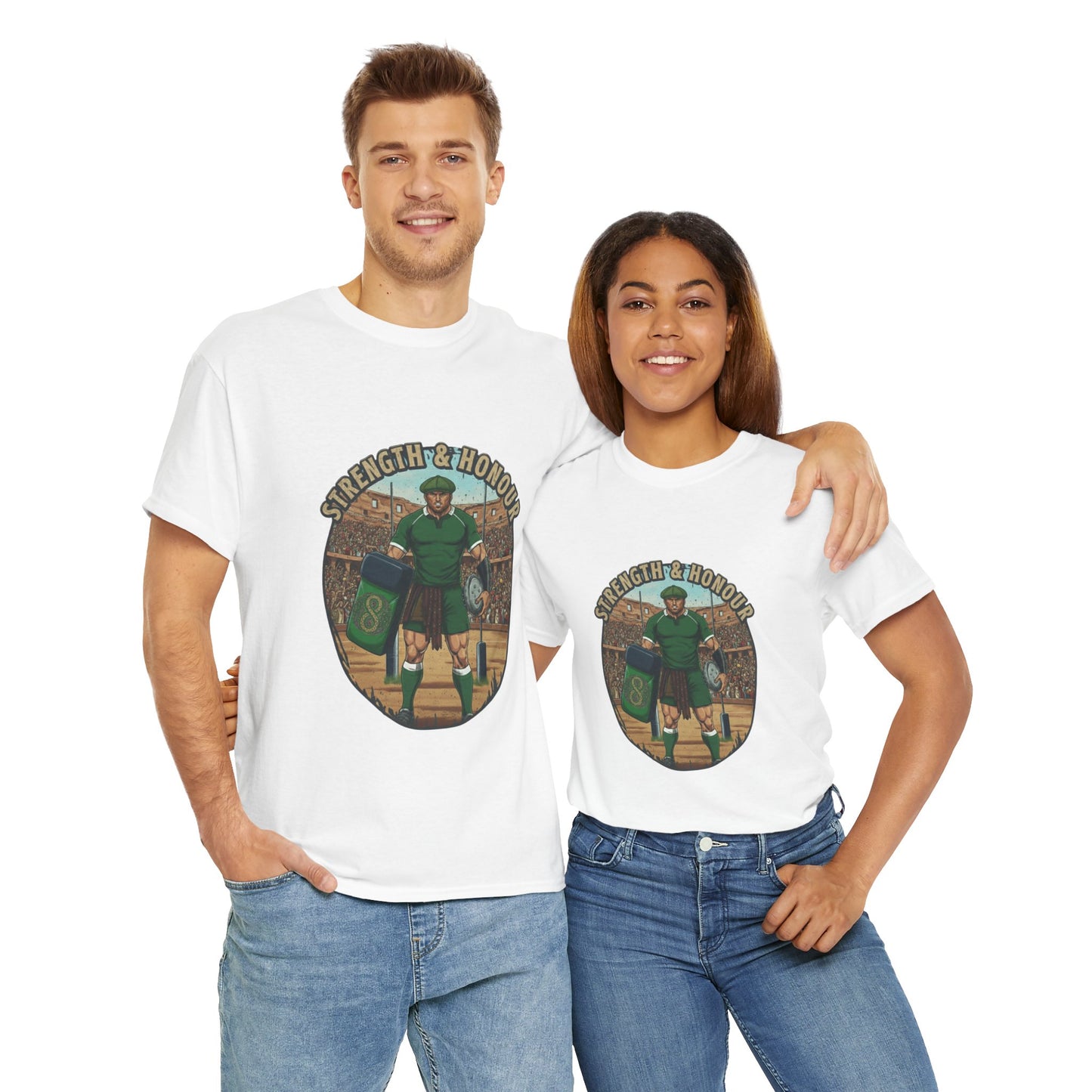 Couple wearing White t-shirt with a graphic of a Irish rugby player with `Strength & Honour` text on a white background