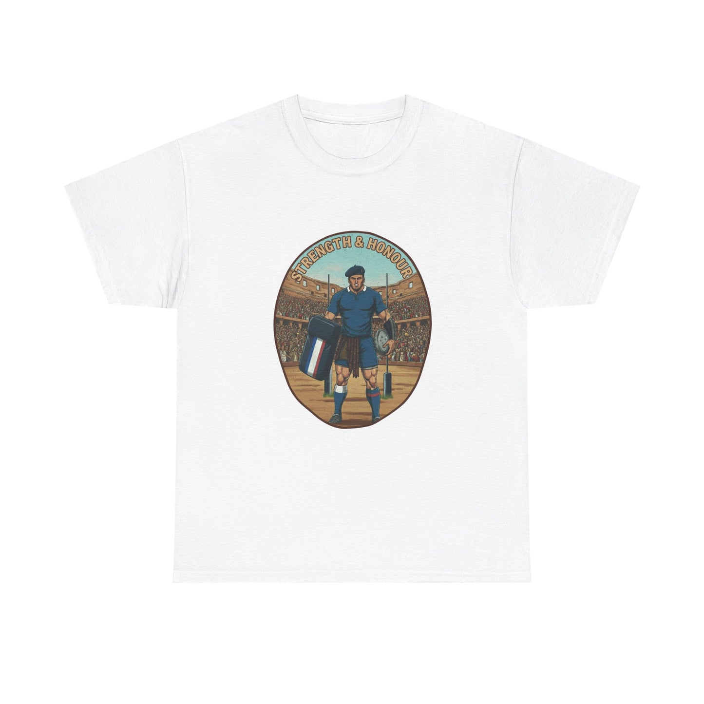 White t-shirt with a graphic of a French Rugby player with `Strength & Honour` text on a white background