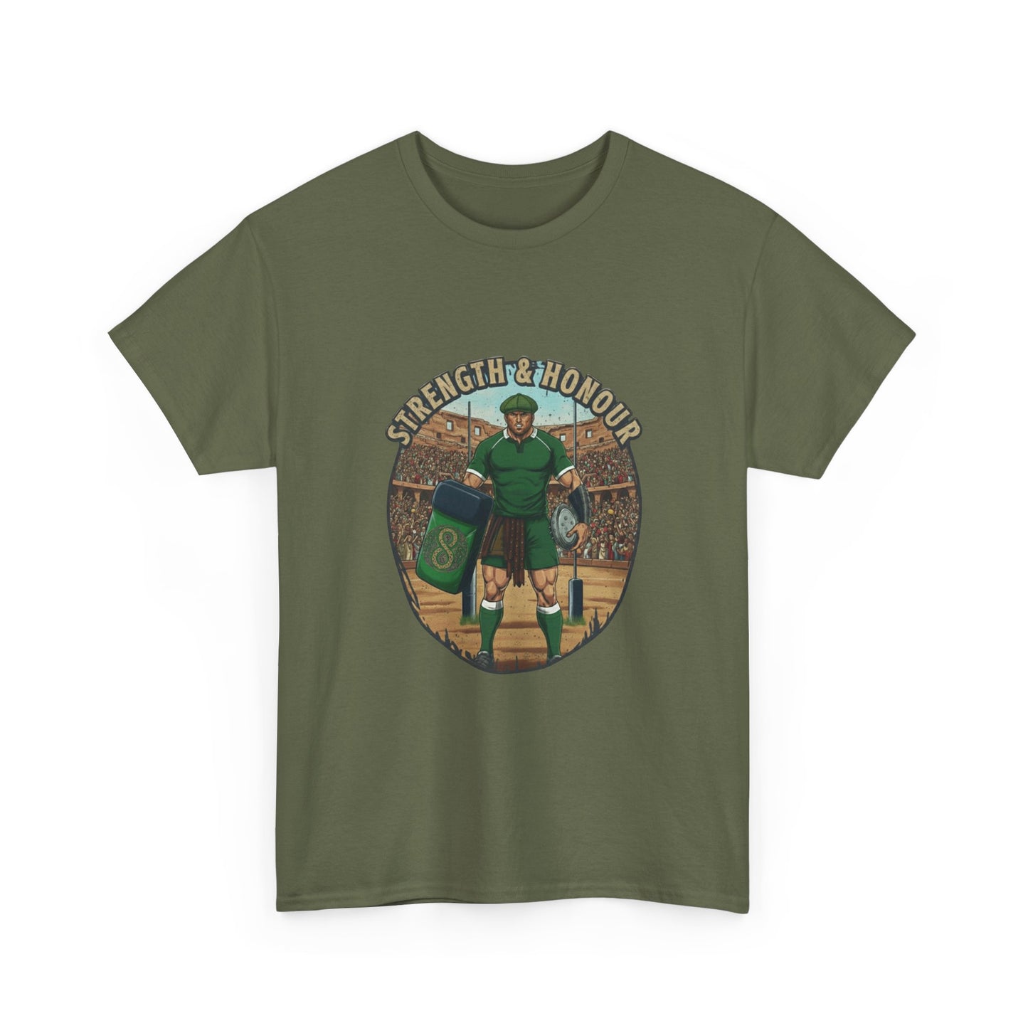 Army green t-shirt with a graphic of a Irish rugby player with `Strength & Honour` text on a white background