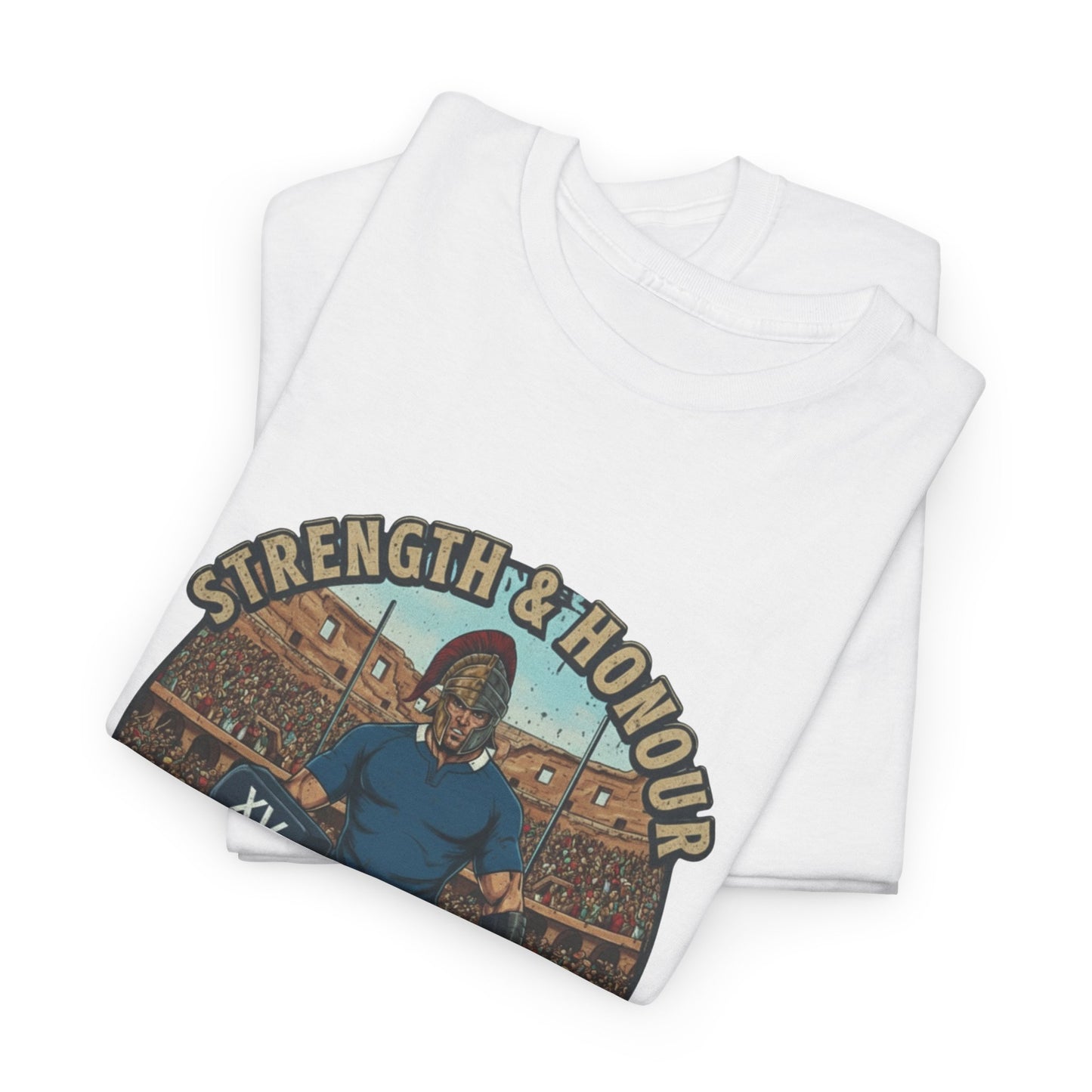 Folded White t-shirt with a graphic of an Italian rugby player with `Strength & Honour` text on a white background