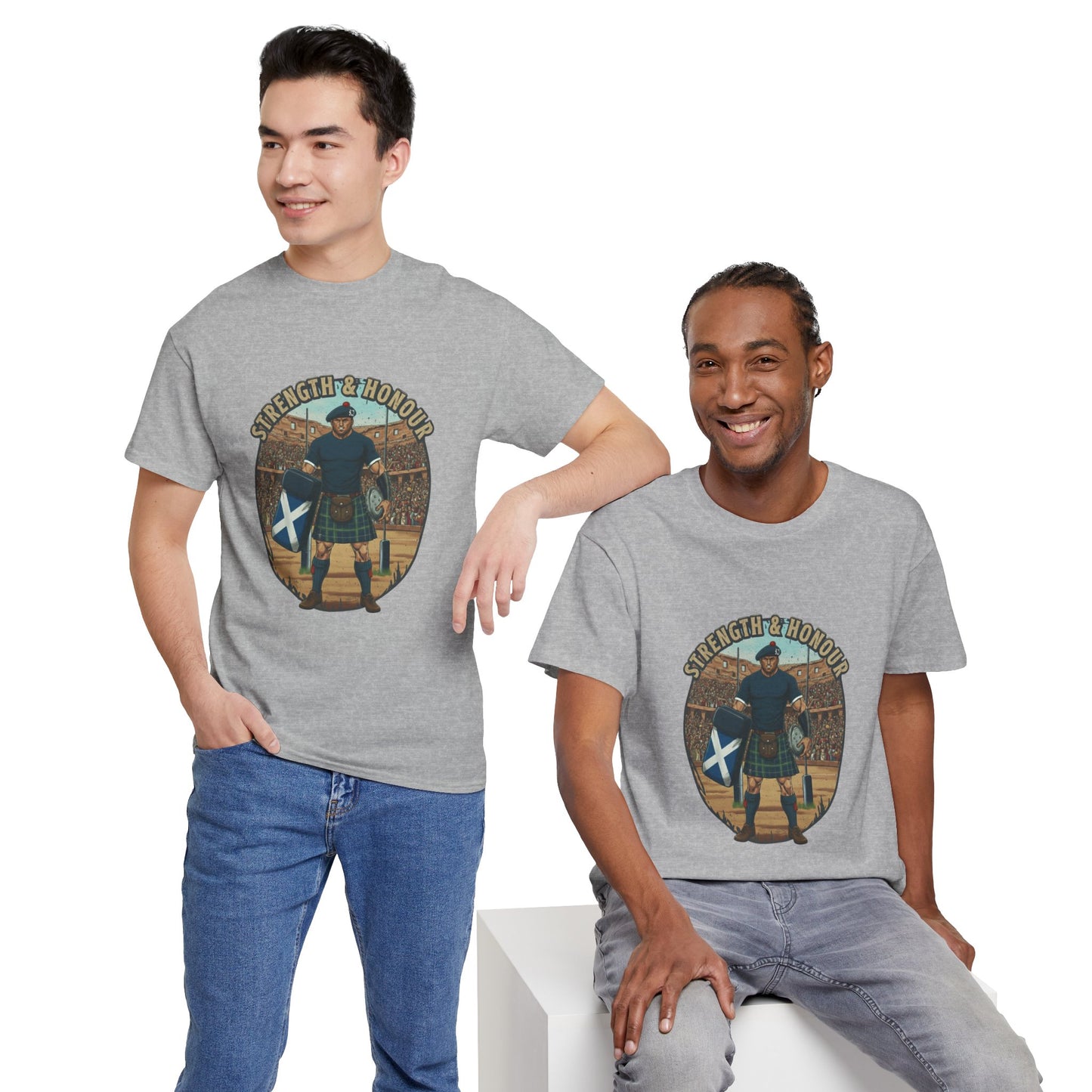Two men wearing a grey t-shirt with a graphic of a Scottish rugby player wearing a kilt and `Strength & Honour` text on a white background