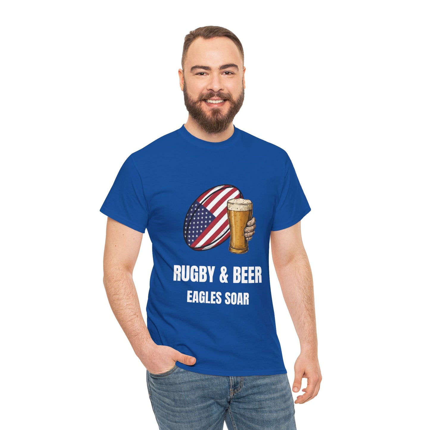 Man wearing wearing Black Eagles Soar t-shirt with rugby and beer graphic and text on a white background
