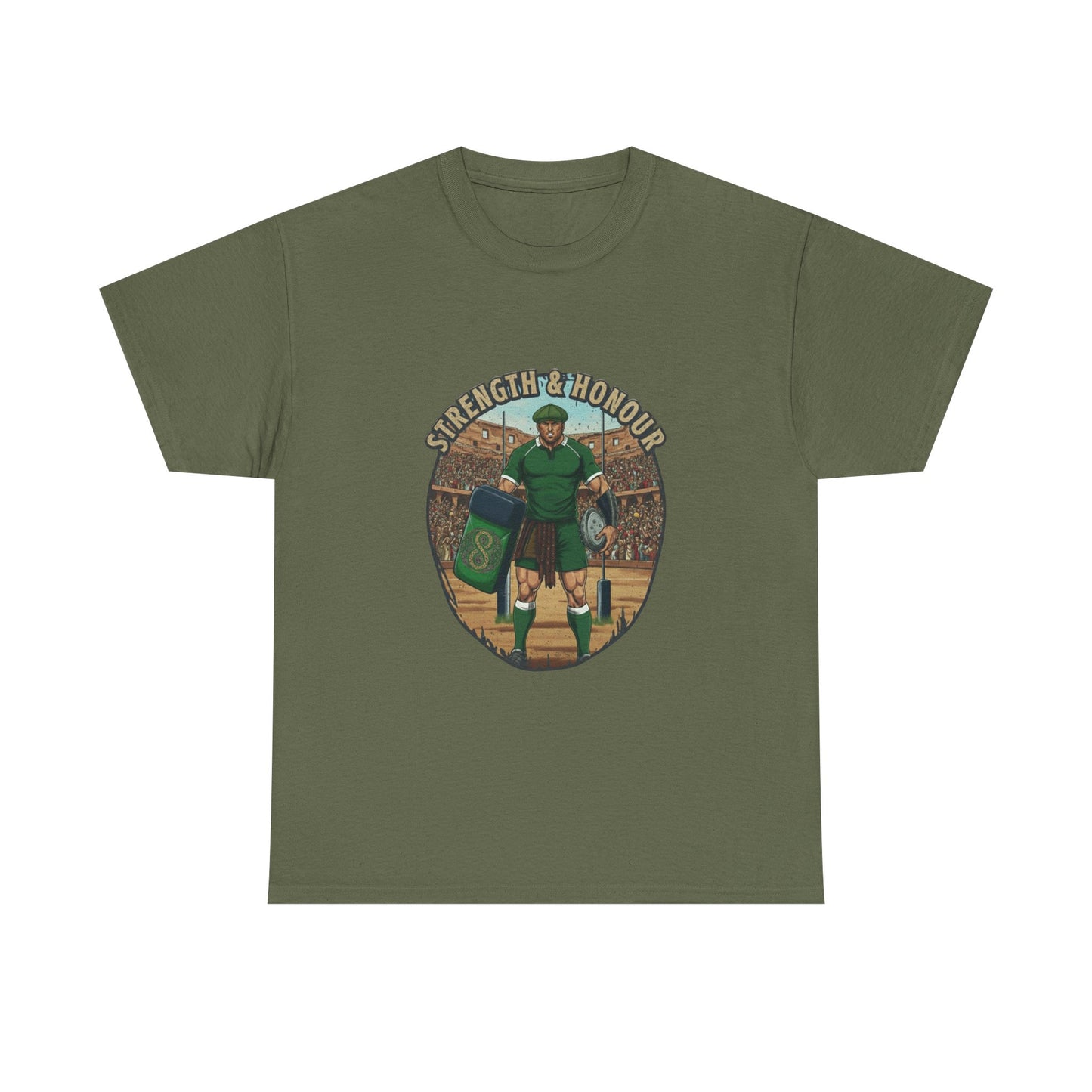 Army Green t-shirt with a graphic of a Irish rugby player with `Strength & Honour` text on a white background