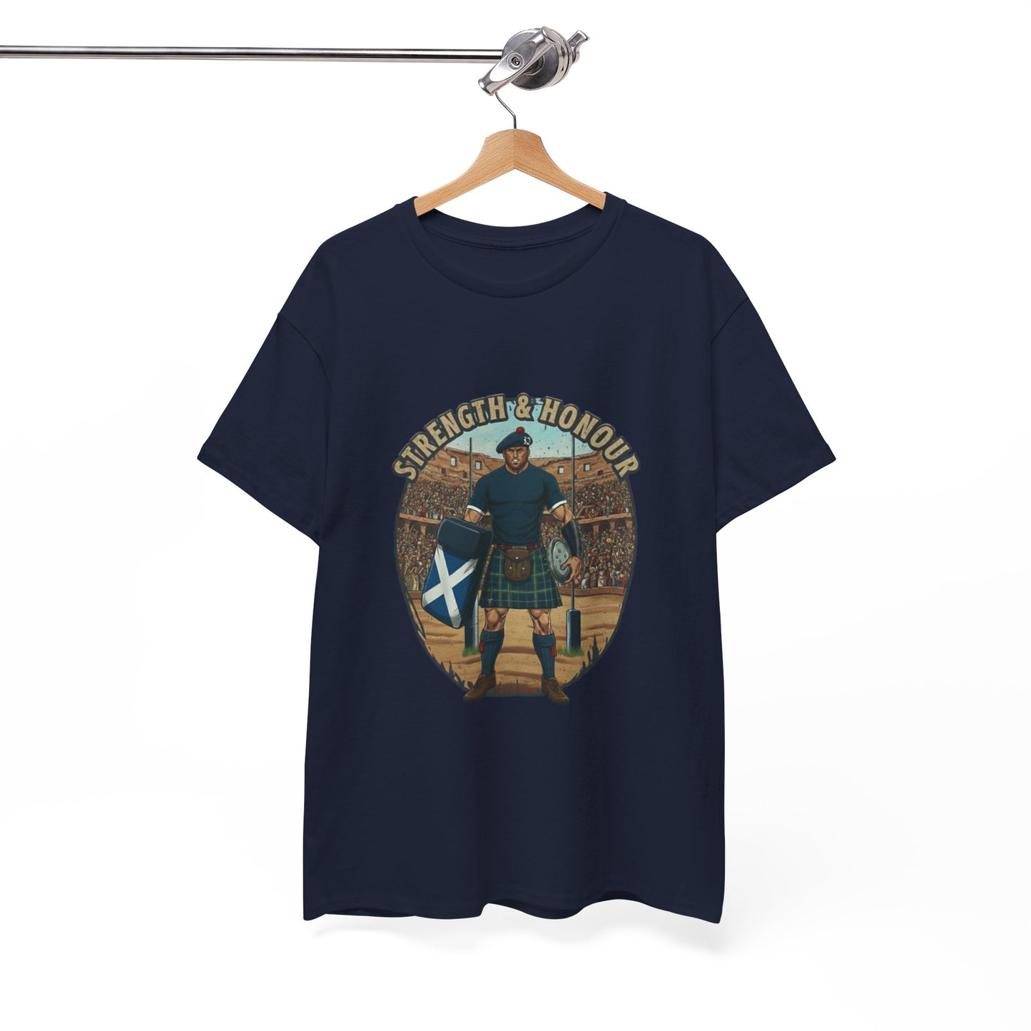 Navy t-shirt with a graphic of a Scottish rugby player wearing a kilt and `Strength & Honour` text on a hanger, on a white background