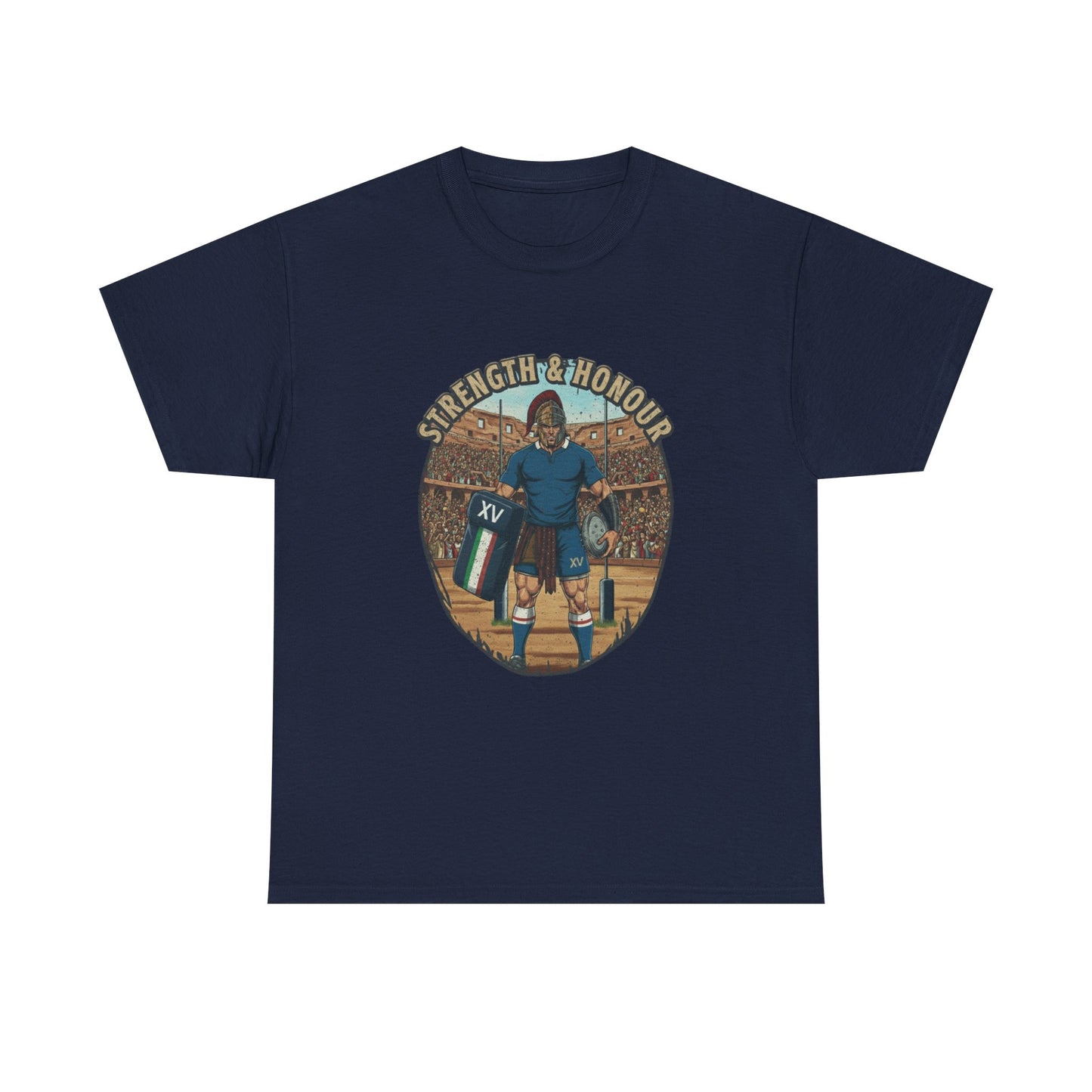 Navy t-shirt with a graphic of an Italian rugby player with `Strength & Honour` text on a white background