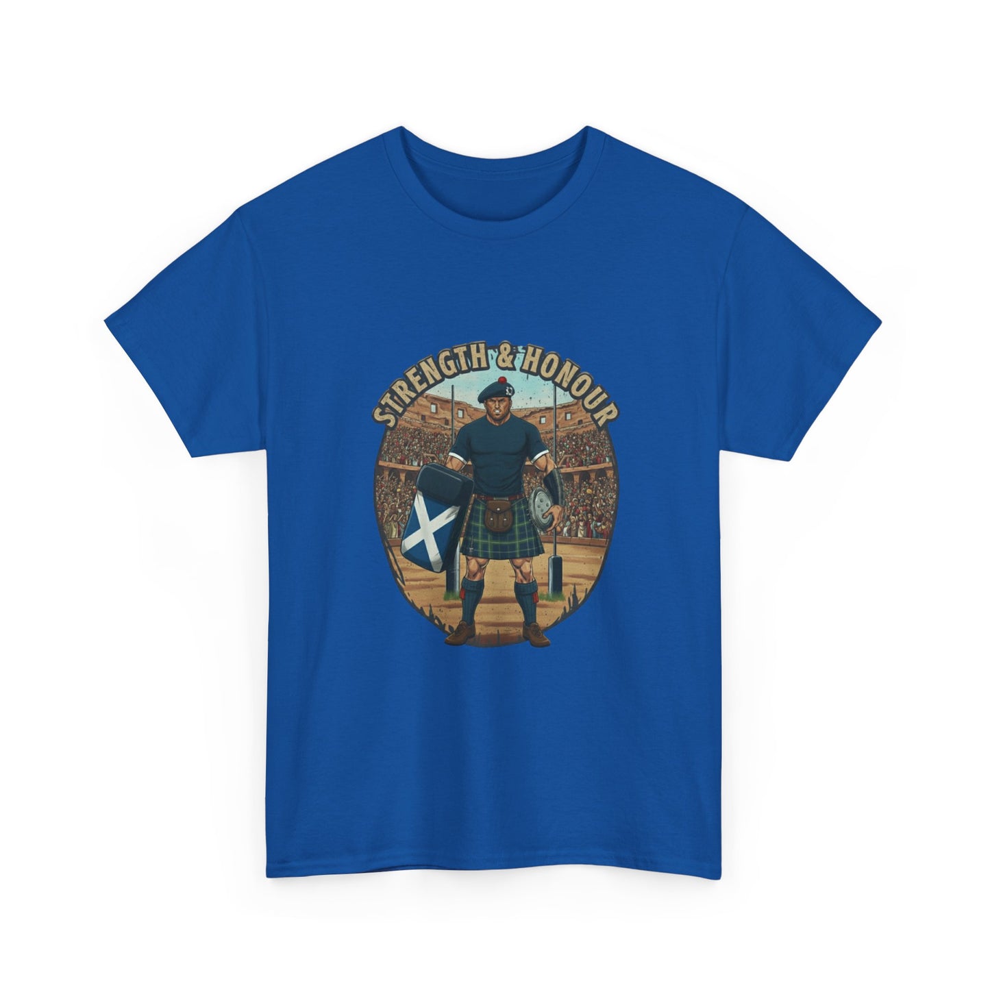 Blue t-shirt with a graphic of a Scottish rugby player wearing a kilt and `Strength & Honour` text on a white background