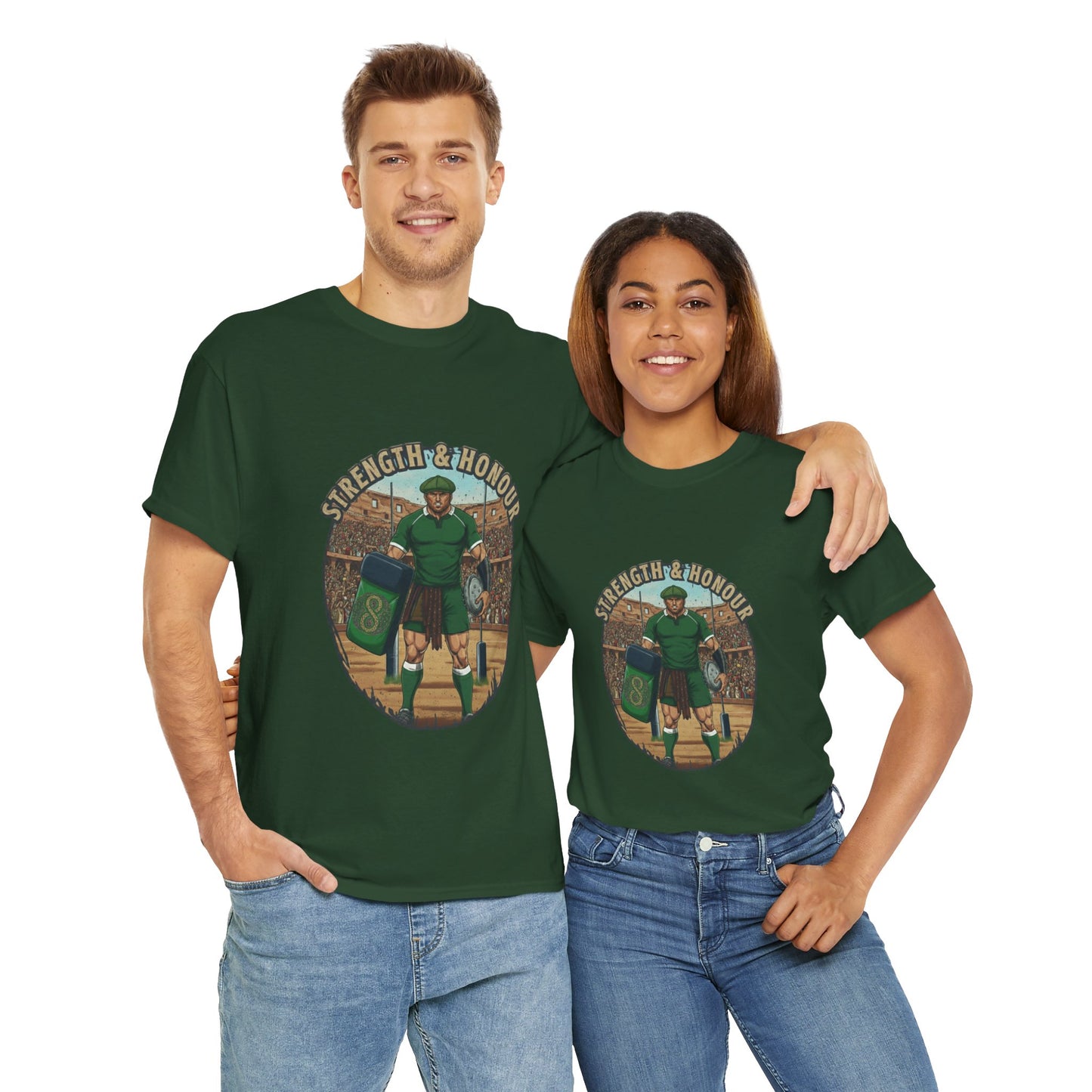 Couple wearing Green t-shirt with a graphic of a Irish rugby player with `Strength & Honour` text on a white background