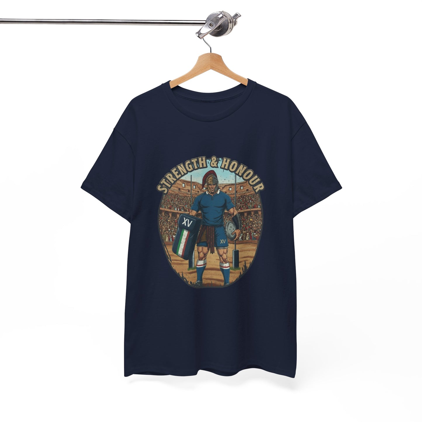 Navy t-shirt with a graphic of an Italian rugby player with `Strength & Honour` text on a white background, on a hanger.