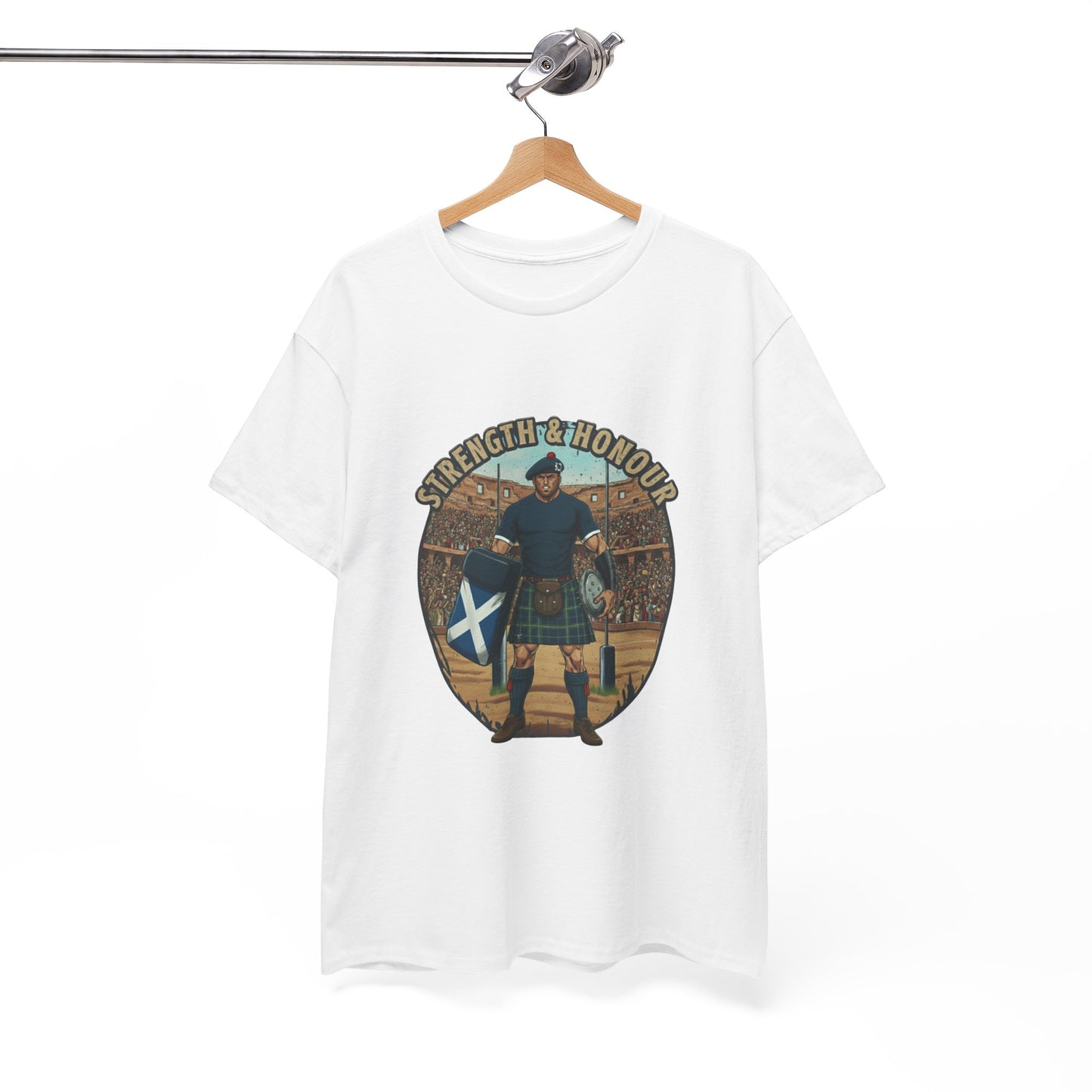 White t-shirt with a graphic of a Scottish rugby player wearing a kilt and `Strength & Honour` text on a white background, on a hanger.