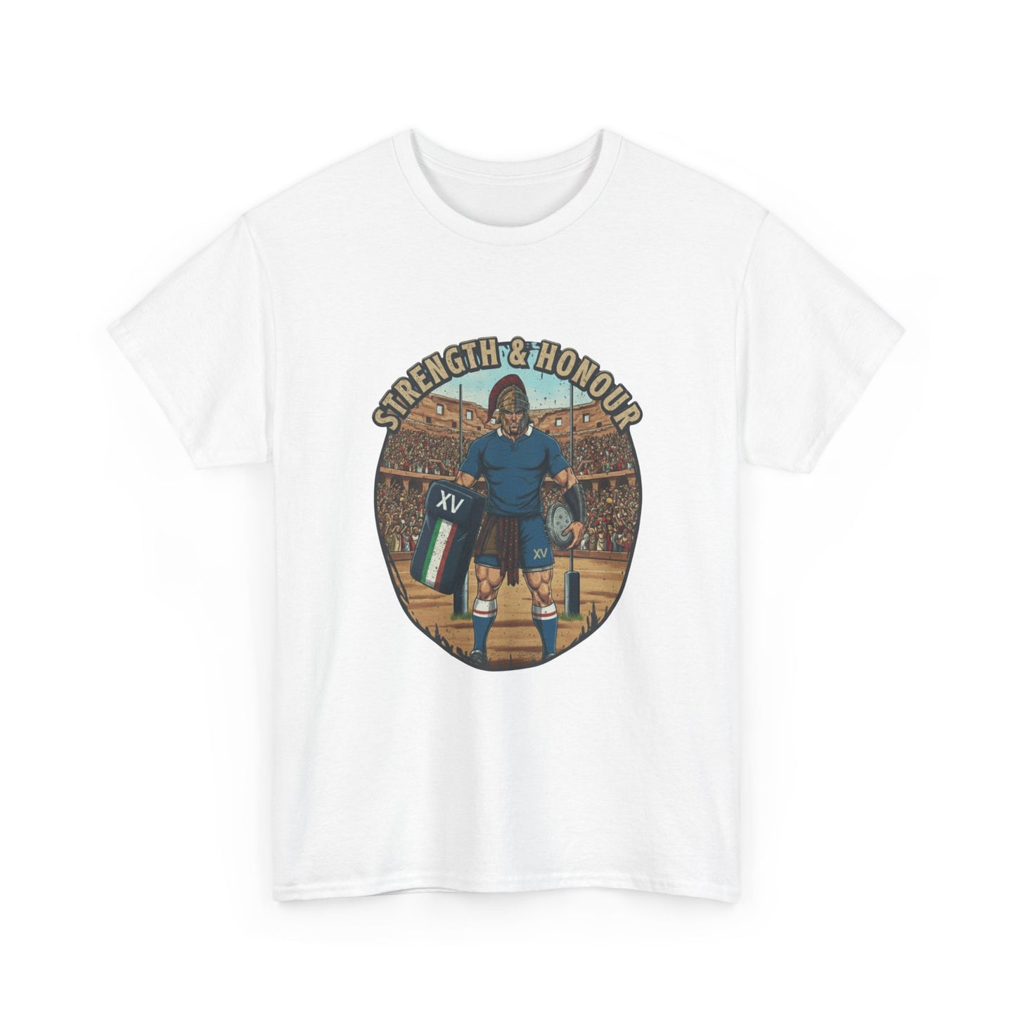 White t-shirt with a graphic of an Italian rugby player with `Strength & Honour` text on a white background